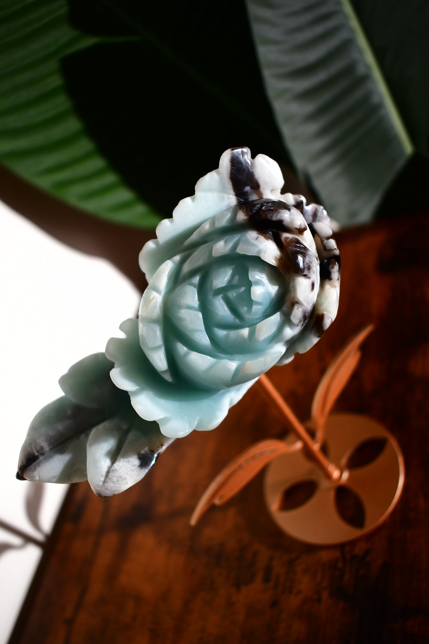 Amazonite Handcarved Rose on a Custom Stand