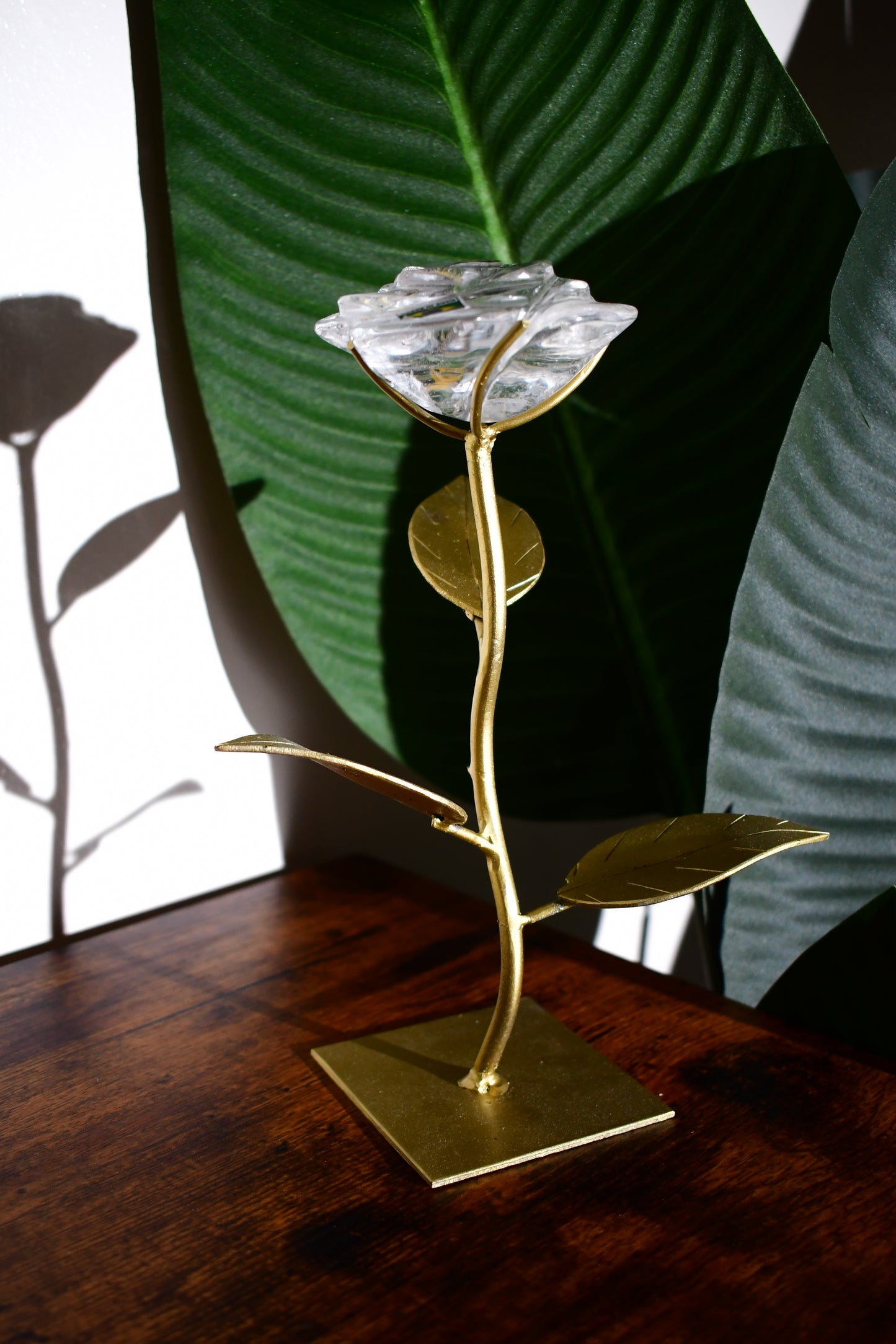 Hand Carved Clear Quartz Rose on a Custom Gold Leaf Stand #1