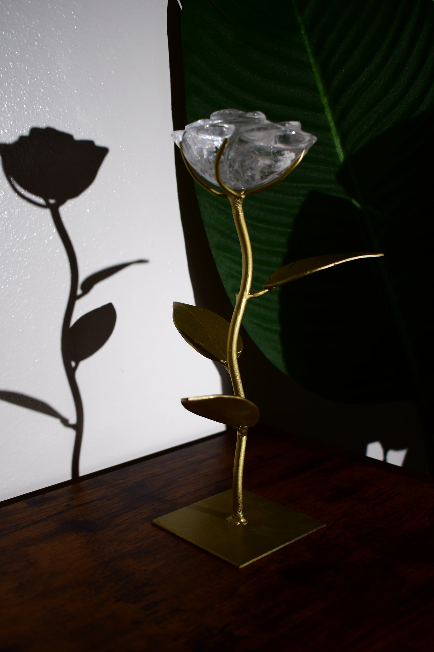 Hand Carved Clear Quartz Rose on a Custom Leaf Stand #3