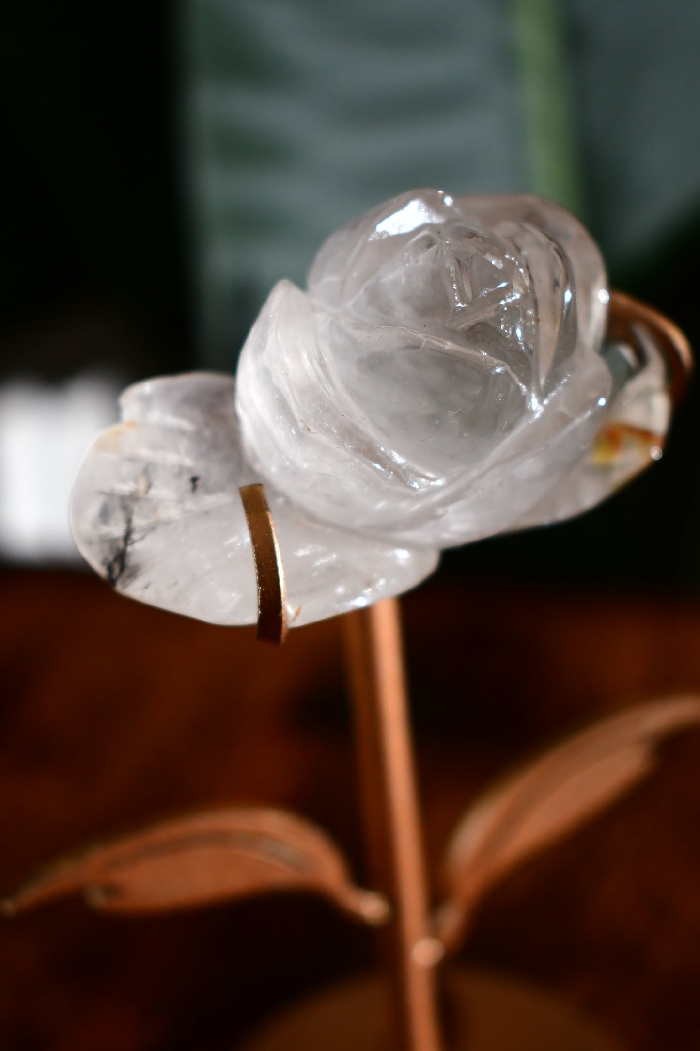 Intricately Carved Smoky Quartz with Dendritic and Iron Inclusions Rose
