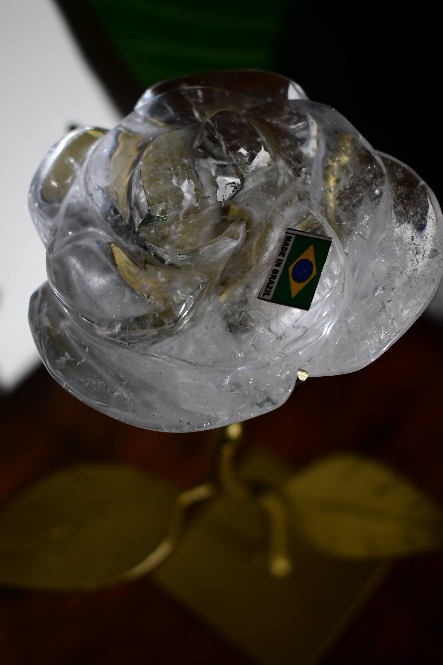 Hand Carved Clear Quartz Rose on a Custom Leaf Stand #2