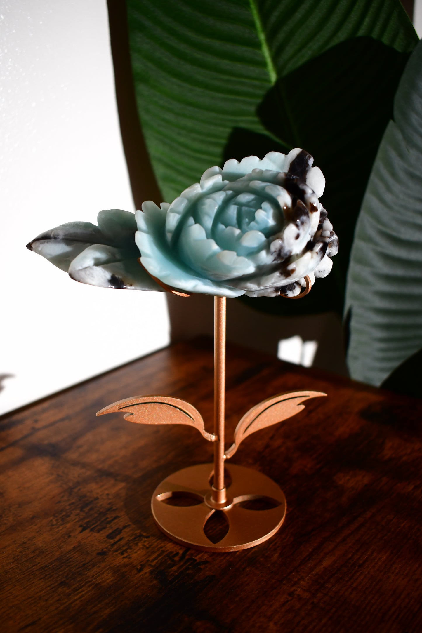 Amazonite Handcarved Rose on a Custom Stand
