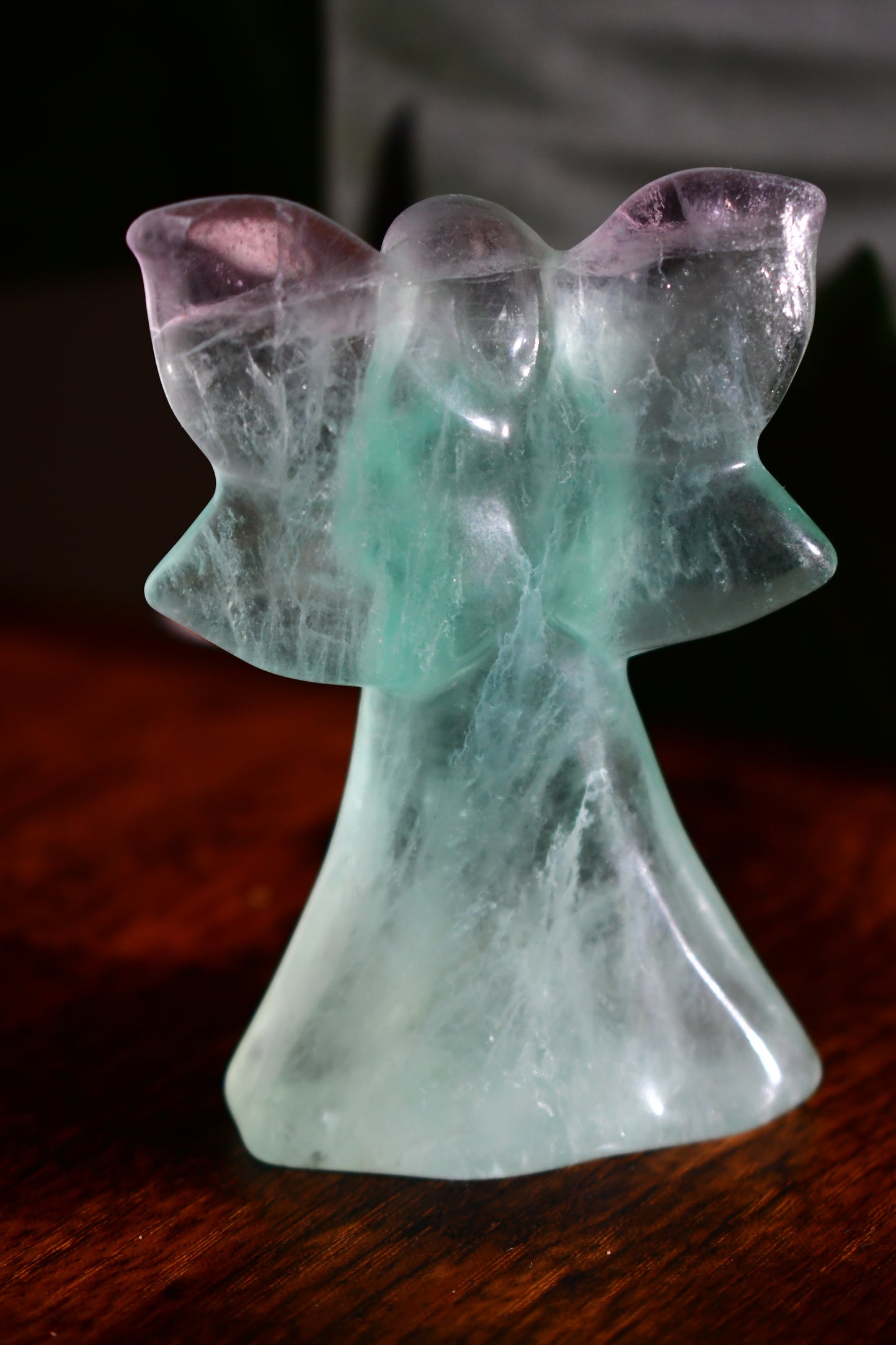 Hand Carved Green Rainbow Fluorite Self Standing Angel Carving
