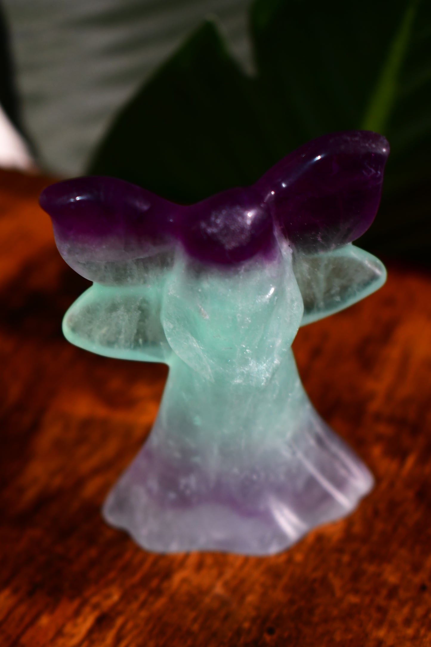 Hand Carved Rainbow Fluorite Self Standing Angel Carving