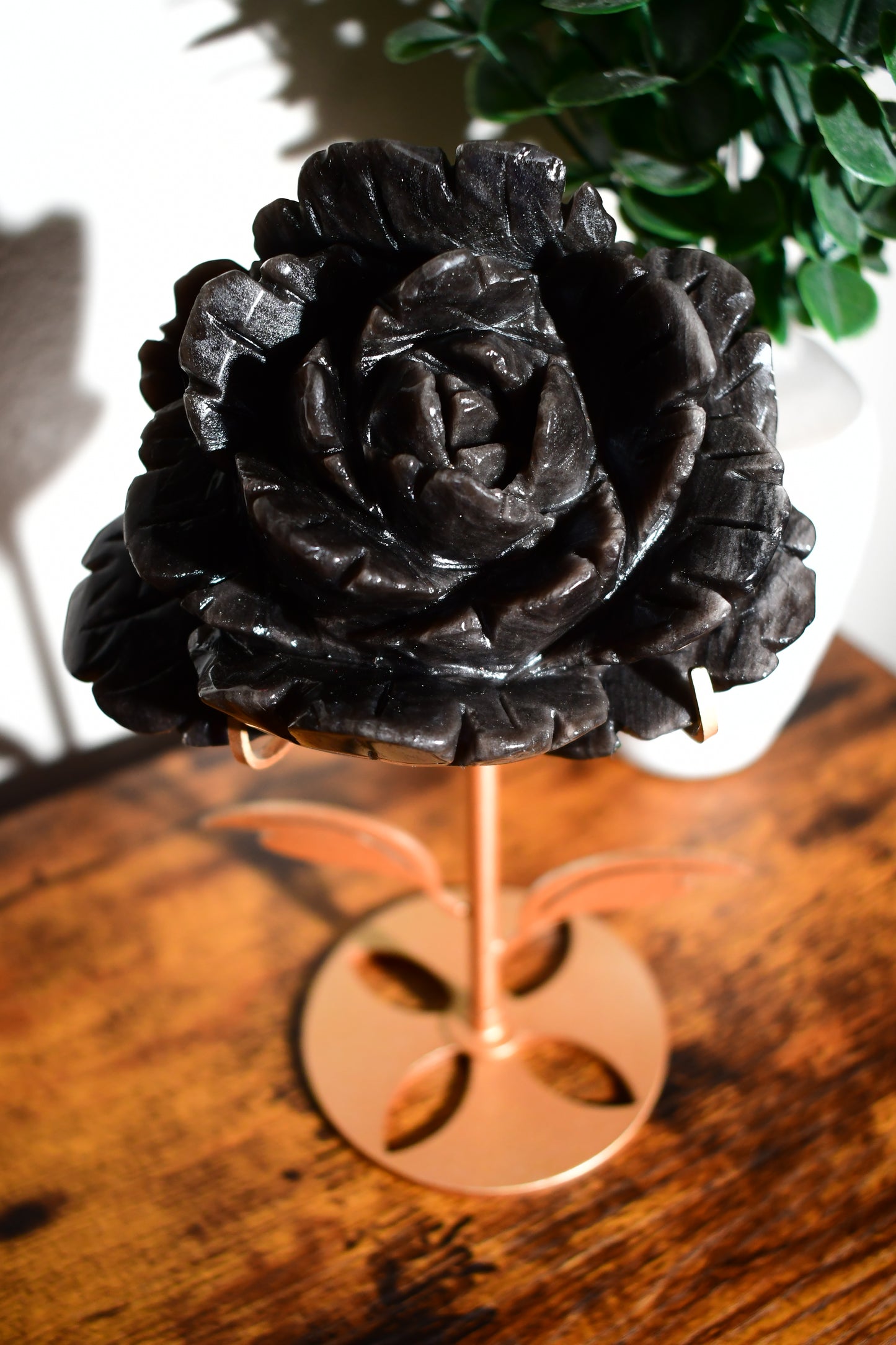 Silver Sheen Obsidian Handcarved Rose on Custom Stand/ Crystals for Love/ Crystals for Strength/ Crystals for Protection/ Obsidian Crystals OF199