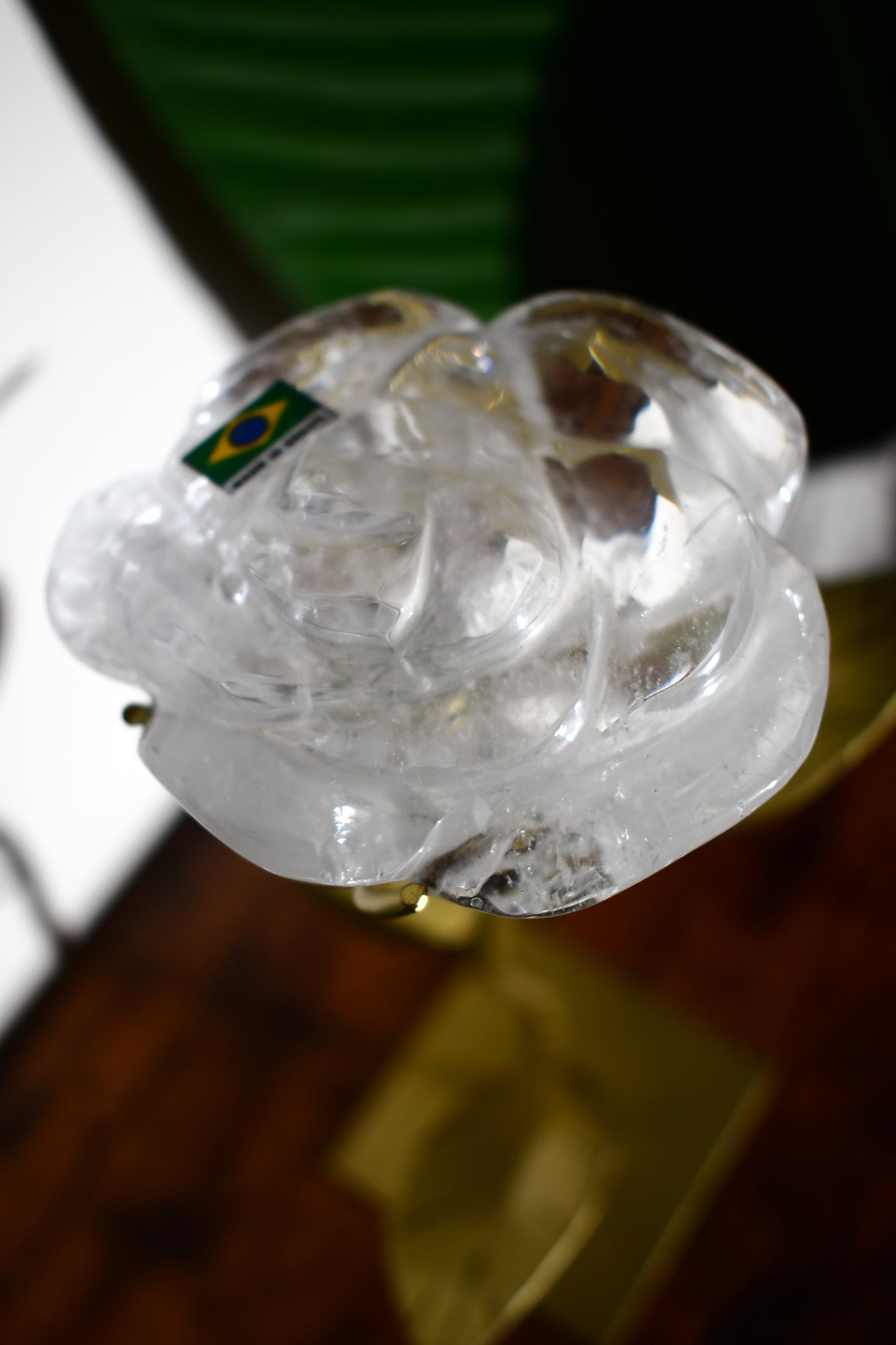 Hand Carved Clear Quartz Rose on a Custom Leaf Stand #3