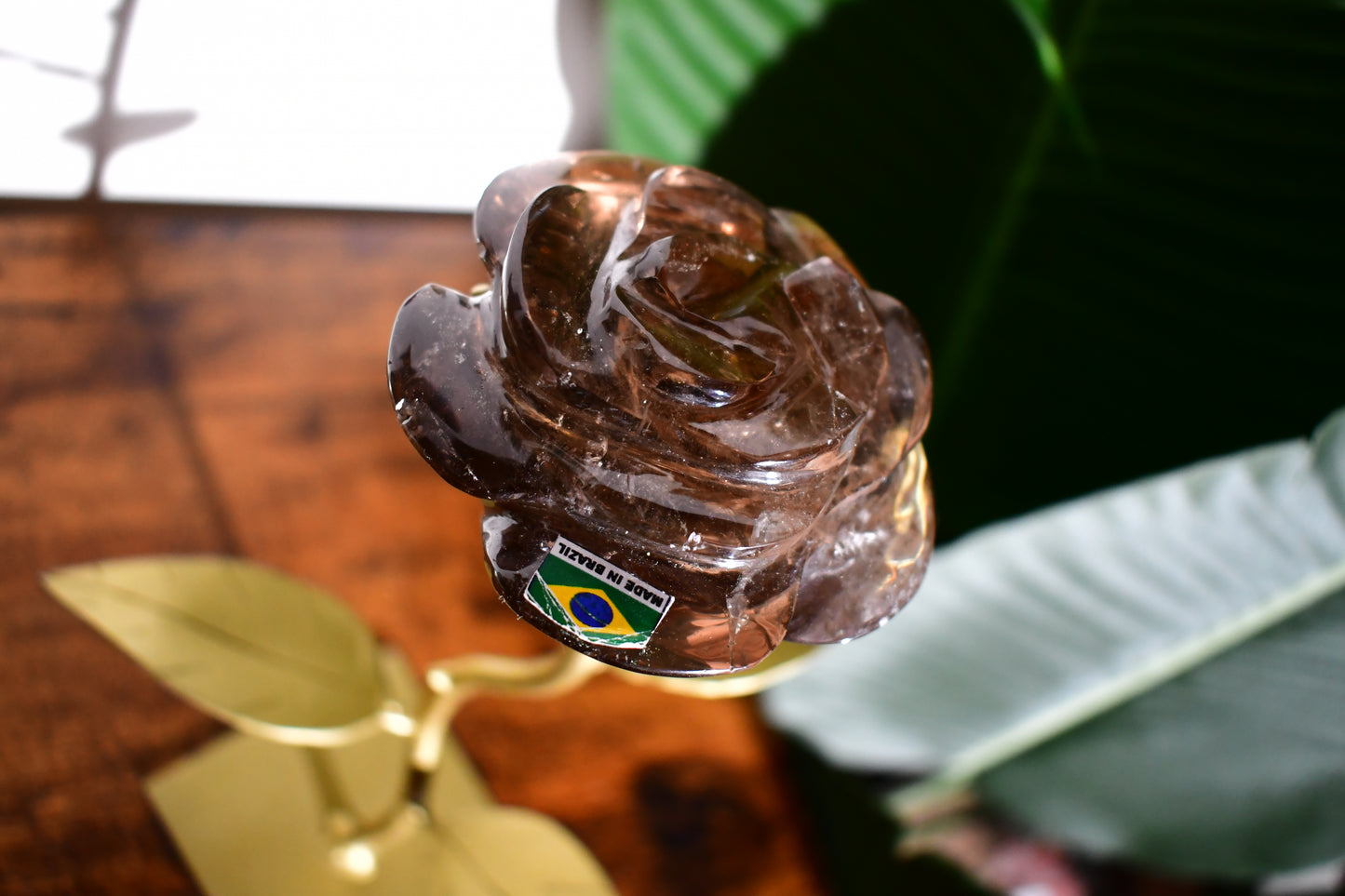 Hand Carved Smoky Quartz Rose on a Custom Gold Leaf Stand