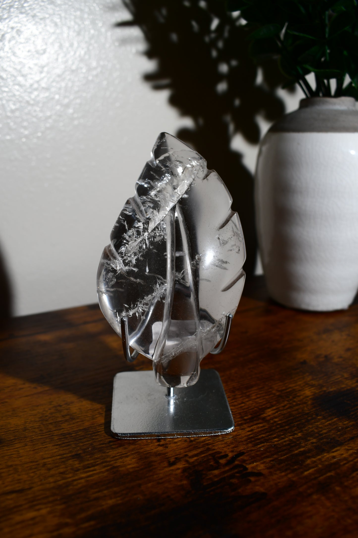 Clear Quartz Leaf Carving on Removable Stand/ Transparent/ Crystals on Stands/ Handcrafted Crystals/ Unique Finds/ Healing Crystals
