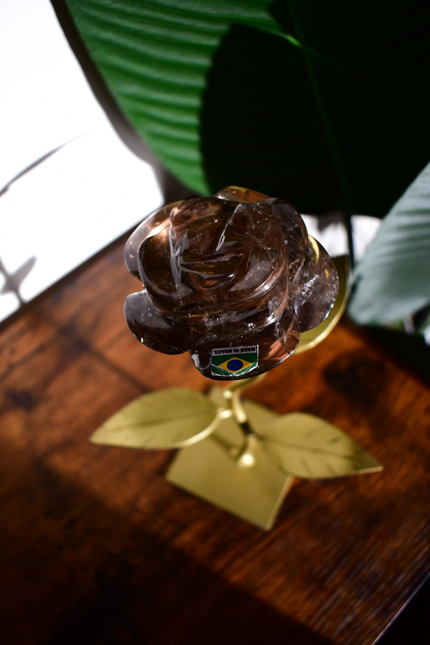 Hand Carved Smoky Quartz Rose on a Custom Gold Leaf Stand
