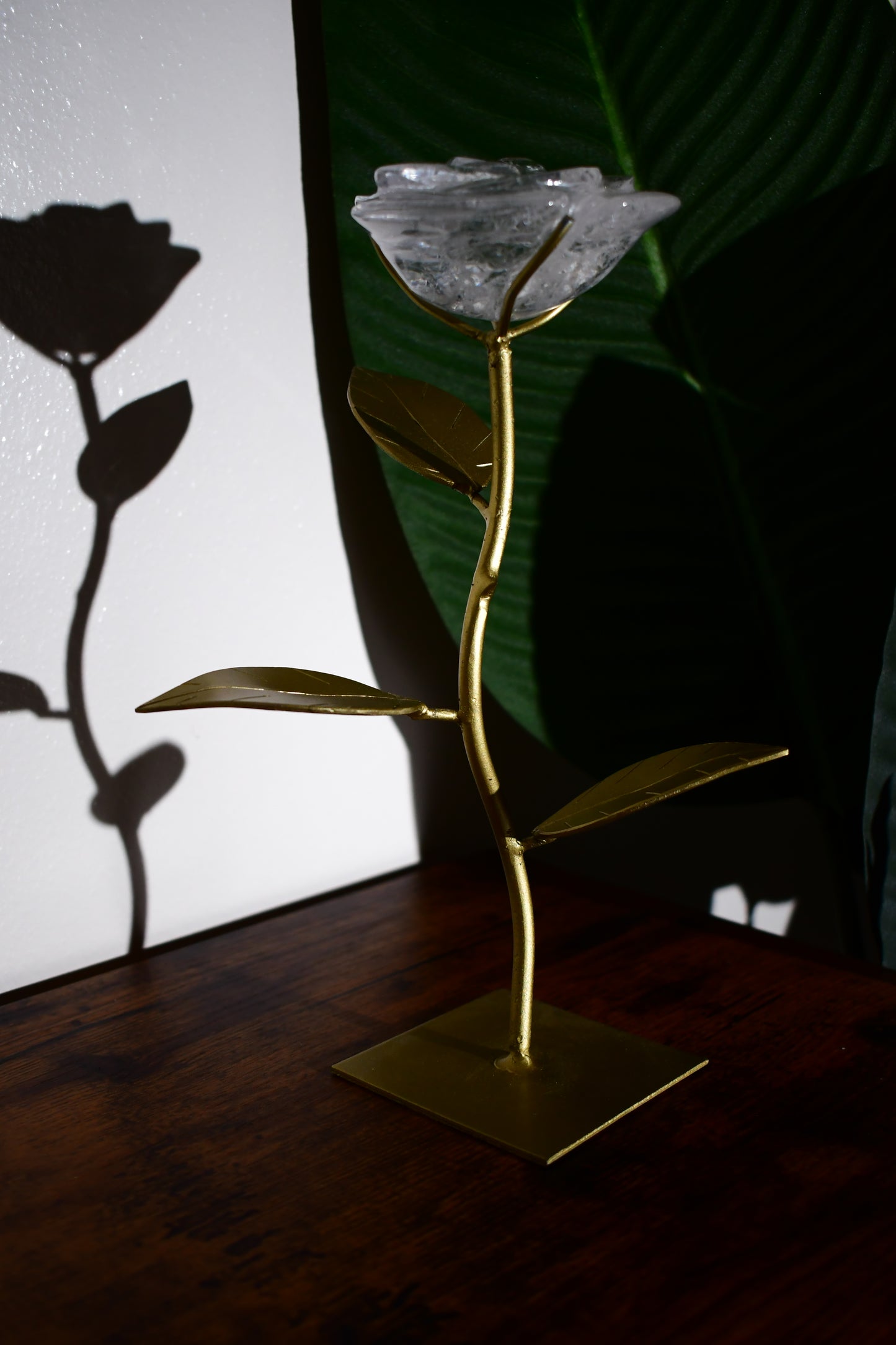 Hand Carved Clear Quartz Rose on a Custom Leaf Stand #2