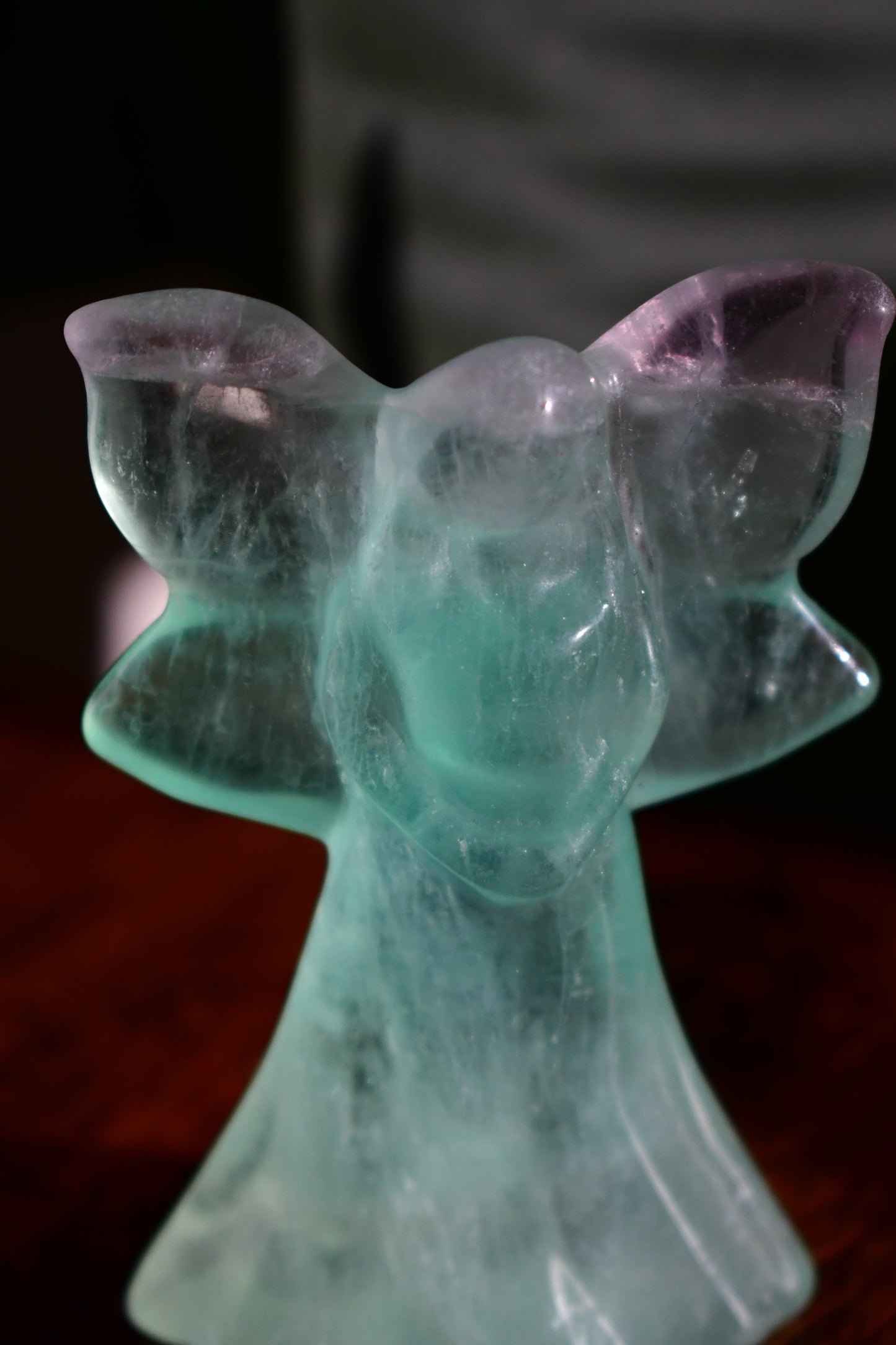 Hand Carved Green Rainbow Fluorite Self Standing Angel Carving