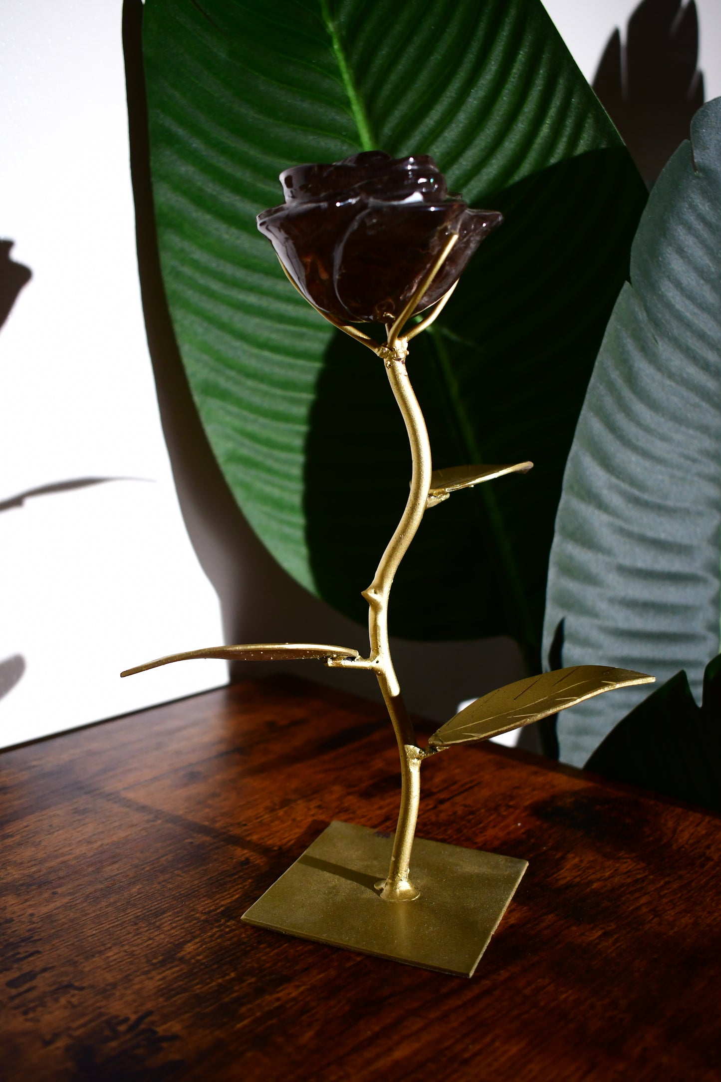Hand Carved Smoky Quartz Rose on a Custom Gold Leaf Stand