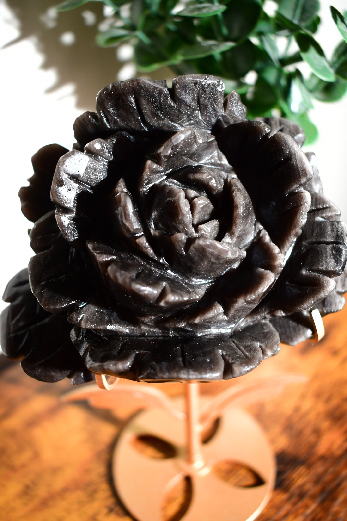 Silver Sheen Obsidian Handcarved Rose on Custom Stand/ Crystals for Love/ Crystals for Strength/ Crystals for Protection/ Obsidian Crystals OF199