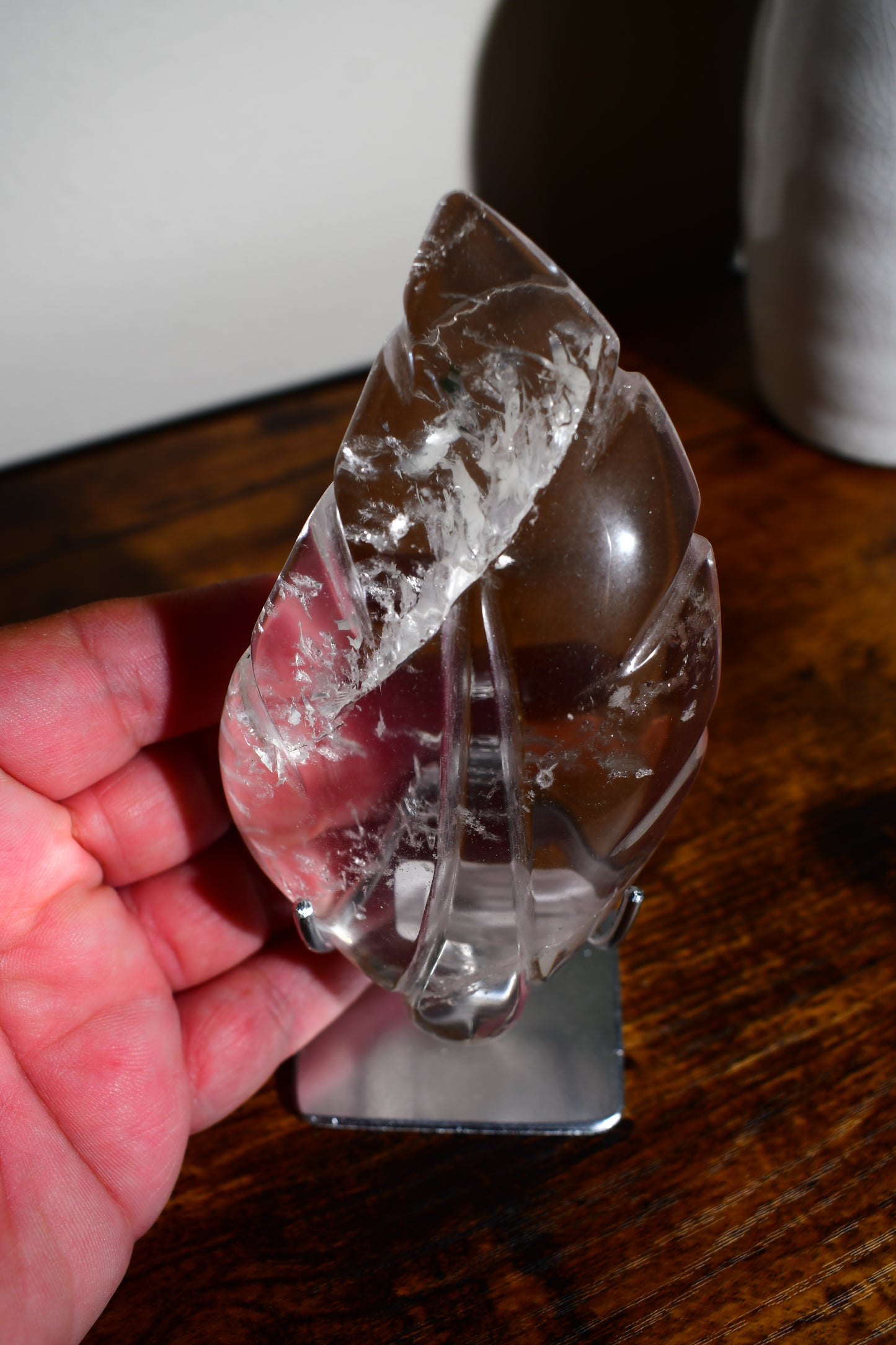 Clear Quartz Leaf Carving on Removable Stand/ Transparent/ Crystals on Stands/ Handcrafted Crystals/ Unique Finds/ Healing Crystals