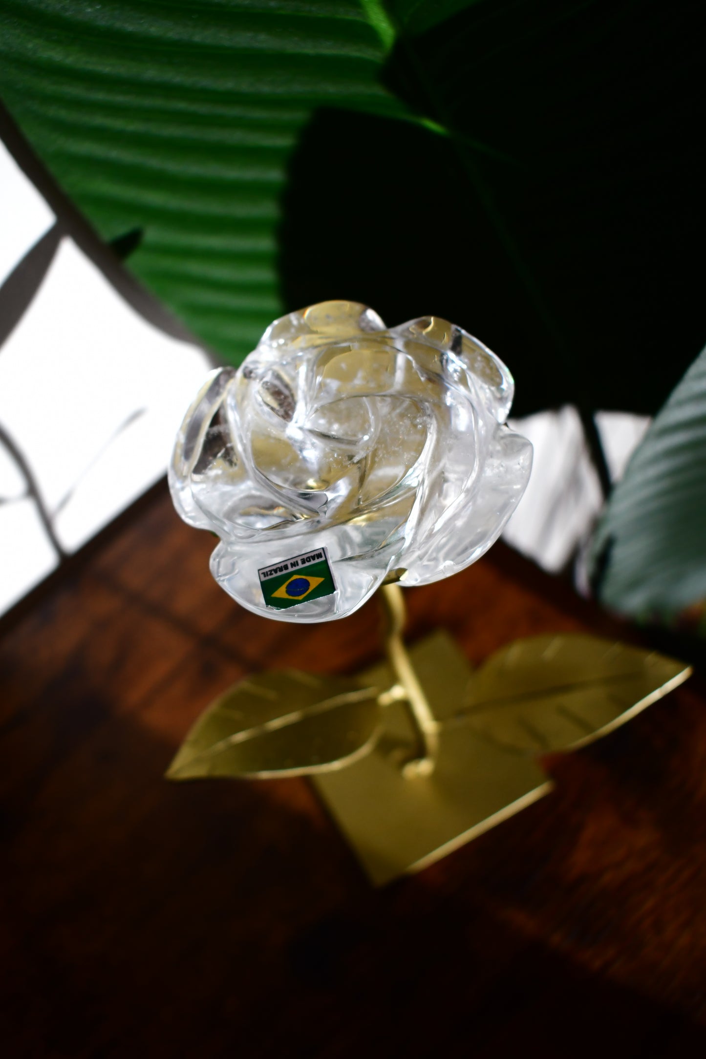 Hand Carved Clear Quartz Rose on a Custom Gold Leaf Stand #1