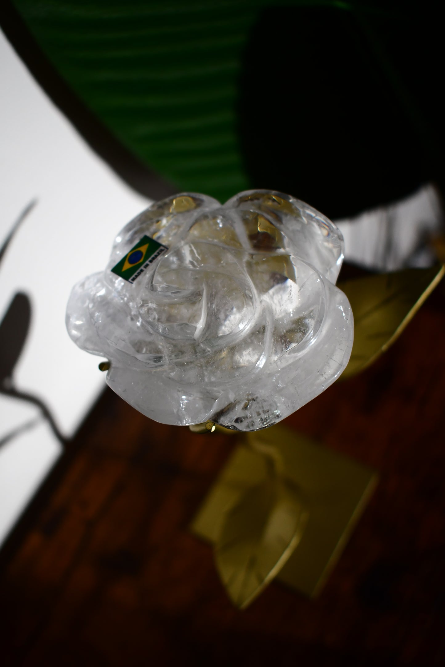 Hand Carved Clear Quartz Rose on a Custom Leaf Stand #3