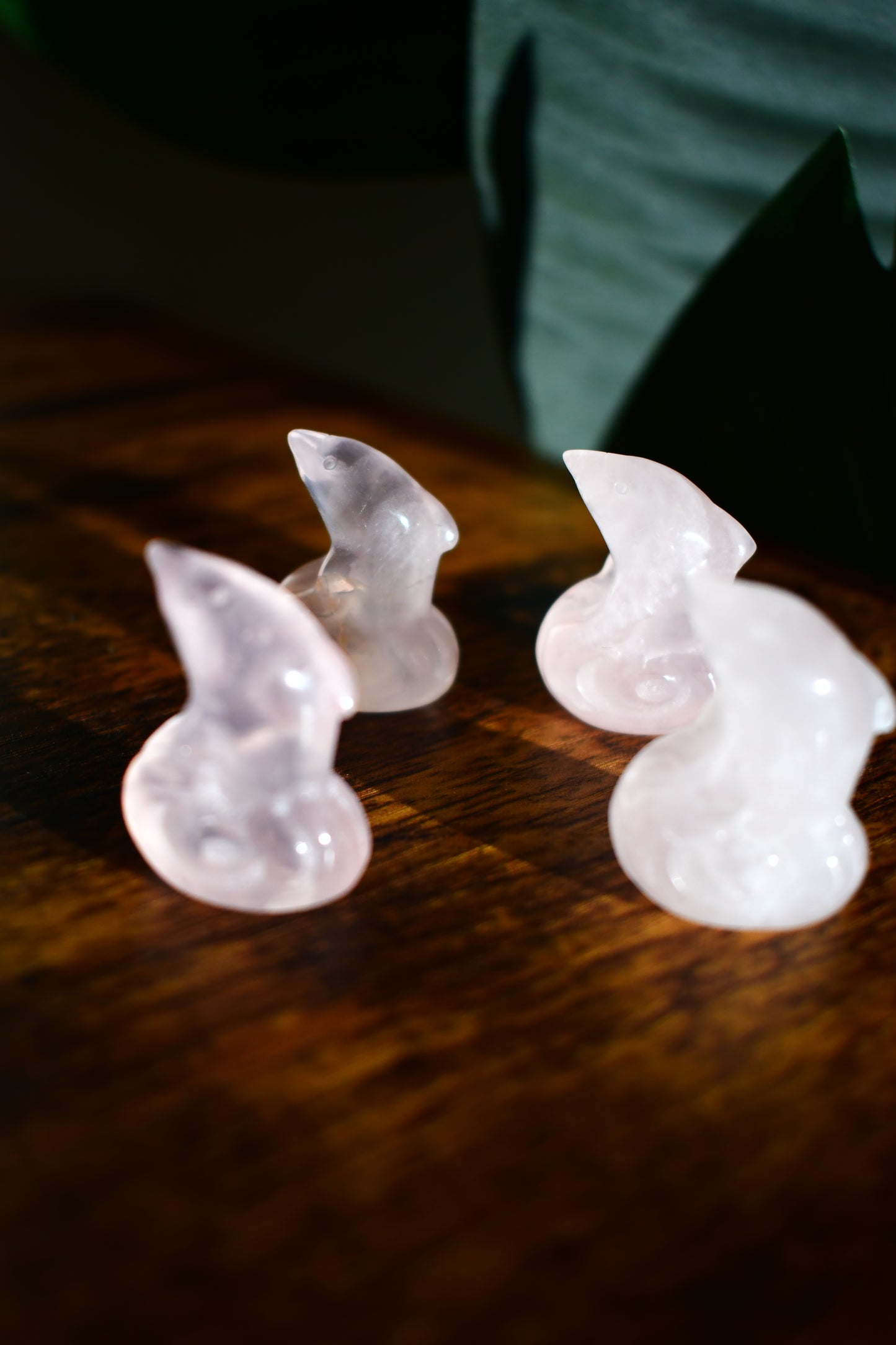 Mini Rose Quartz Dolphin on a Wave Carving