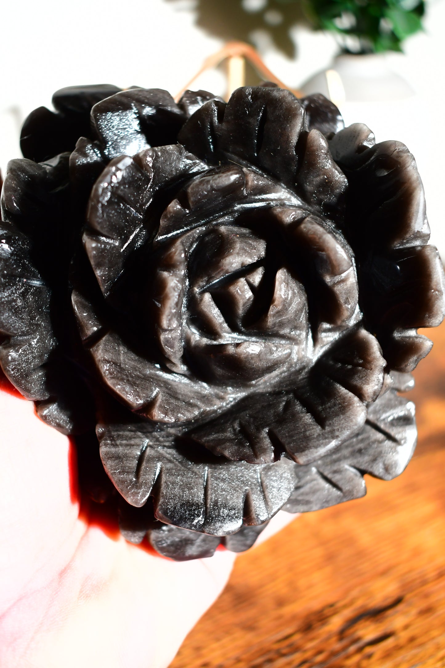 Silver Sheen Obsidian Handcarved Rose on Custom Stand/ Crystals for Love/ Crystals for Strength/ Crystals for Protection/ Obsidian Crystals OF199