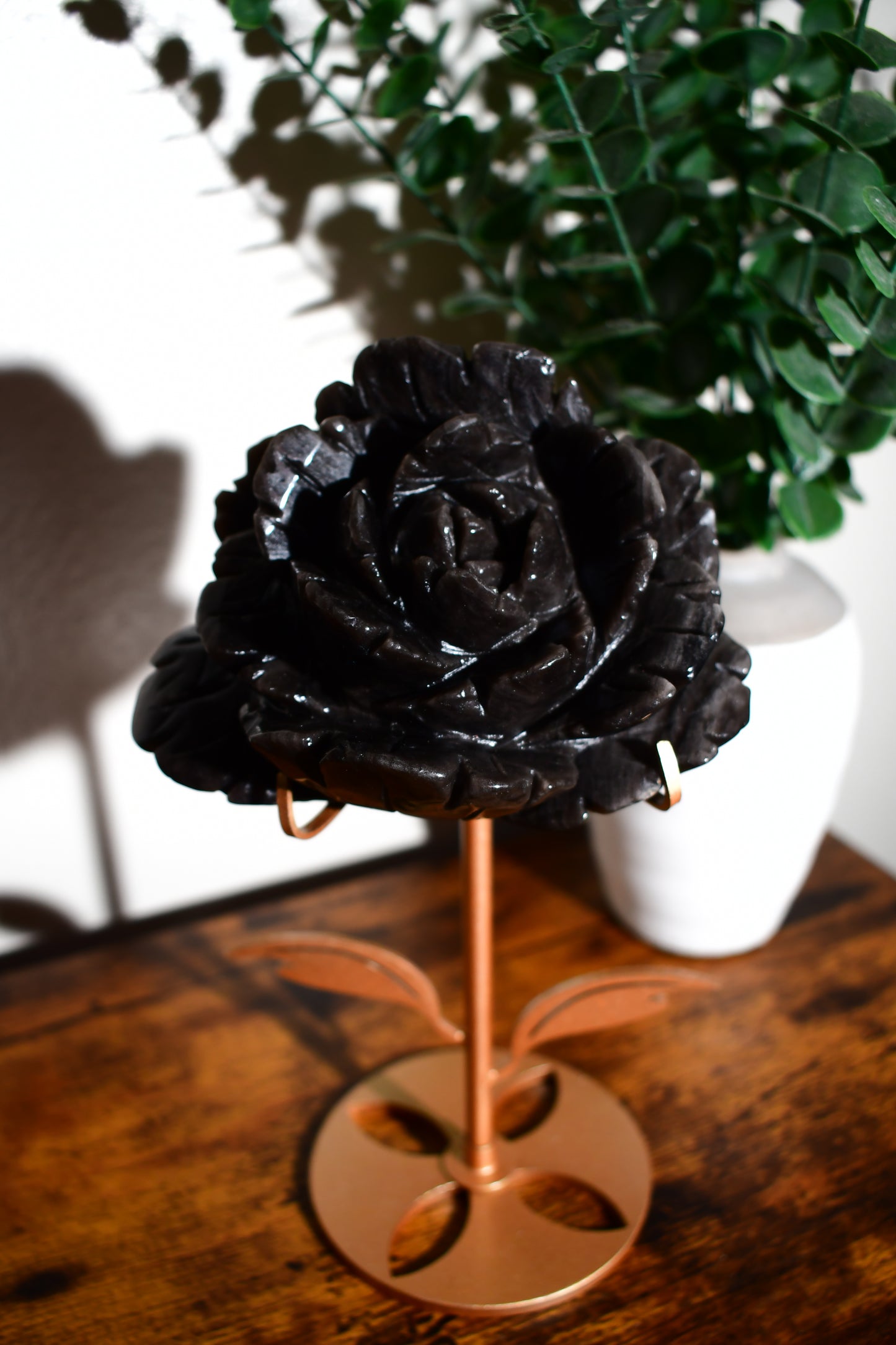 Silver Sheen Obsidian Handcarved Rose on Custom Stand/ Crystals for Love/ Crystals for Strength/ Crystals for Protection/ Obsidian Crystals OF199
