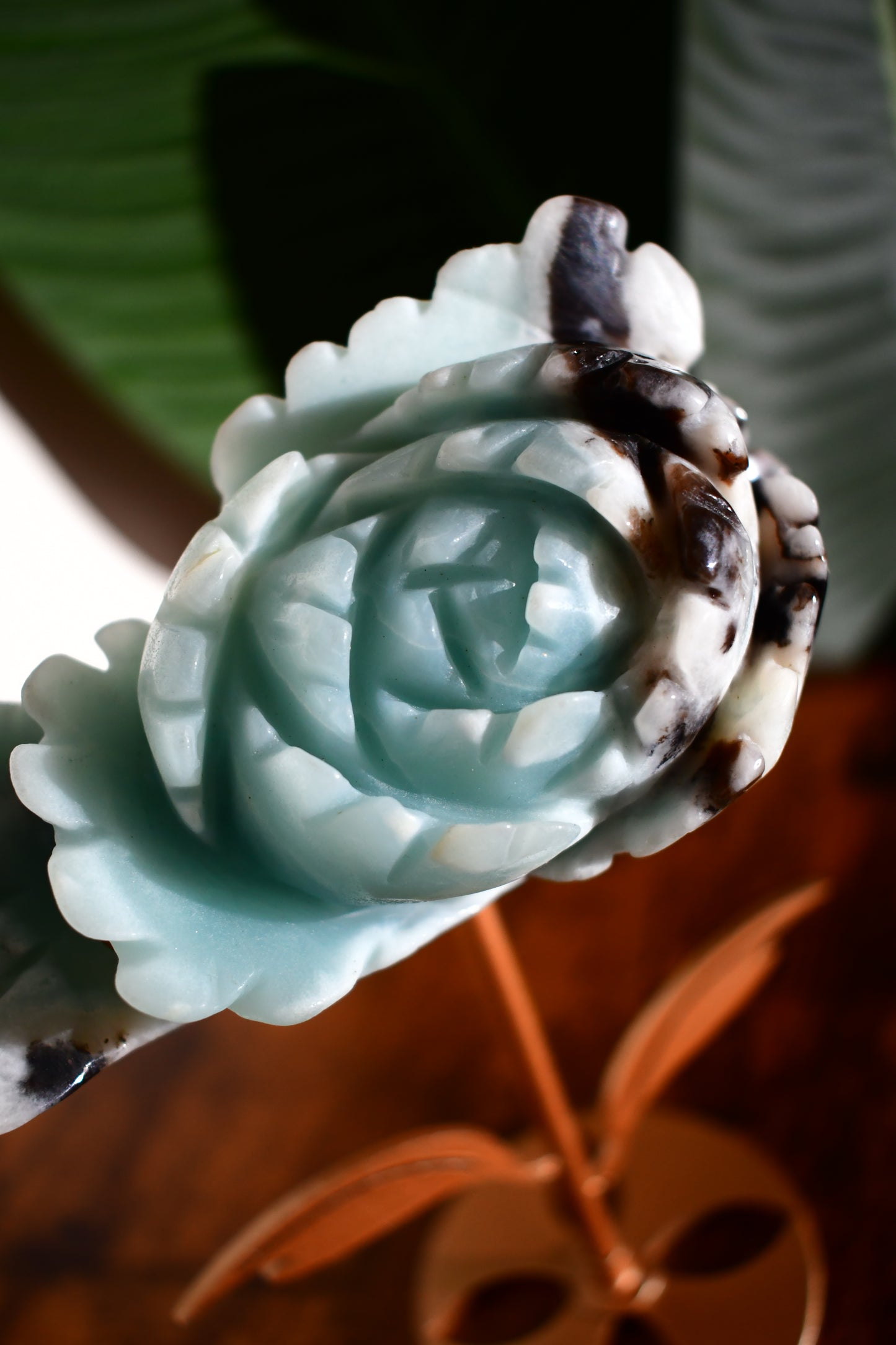 Amazonite Handcarved Rose on a Custom Stand