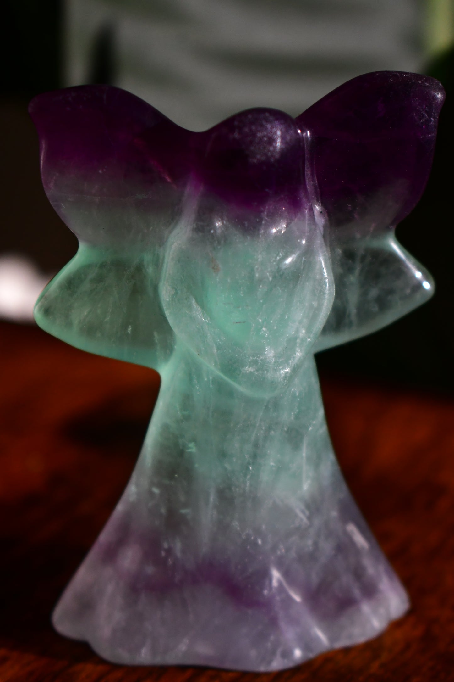 Hand Carved Rainbow Fluorite Self Standing Angel Carving