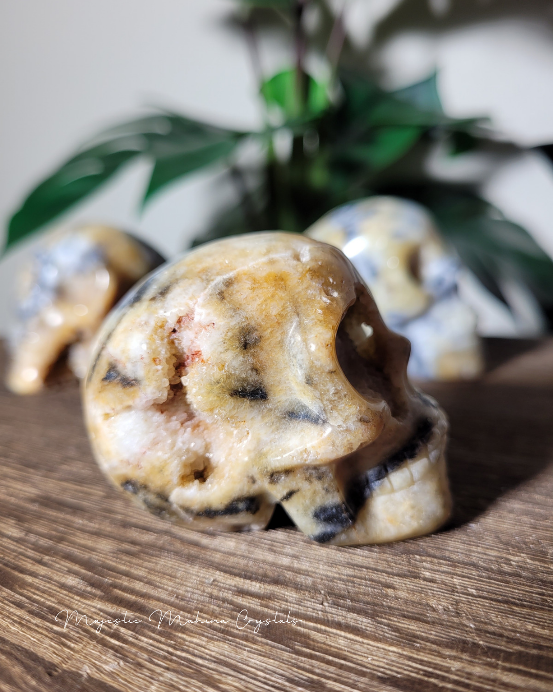 Yellow Chalcedony with Zebra Jasper Skull
