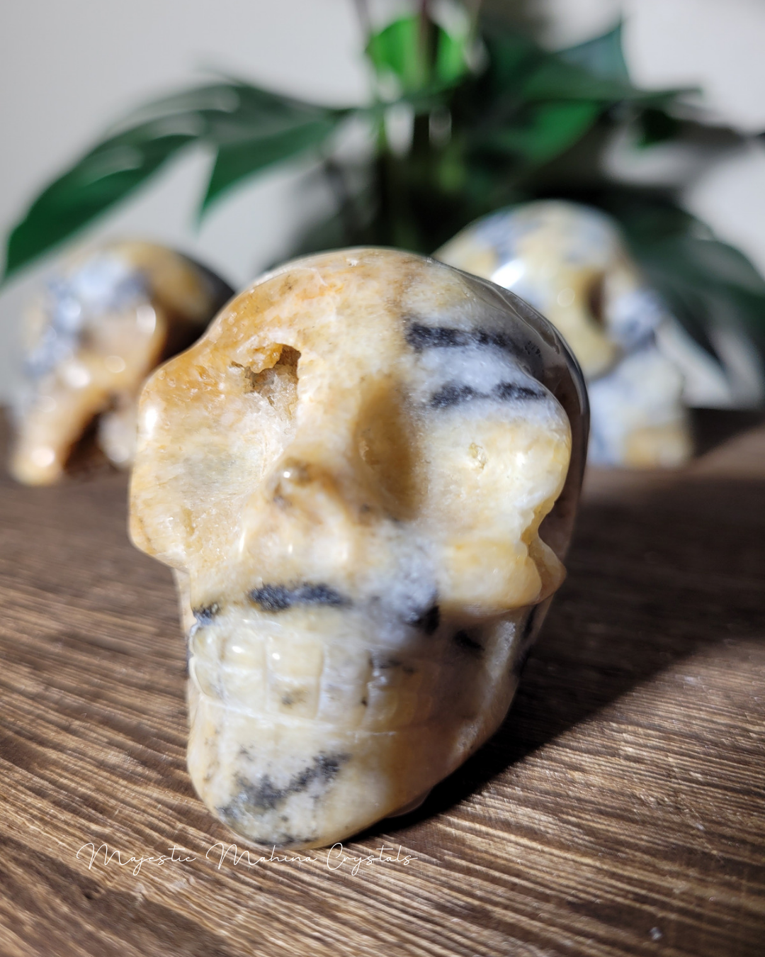 Yellow Chalcedony with Zebra Jasper Skull