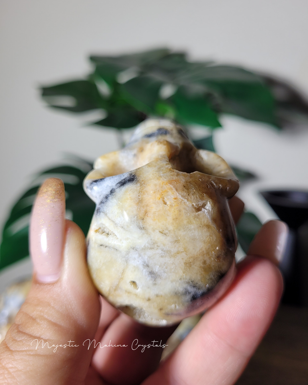 Yellow Chalcedony with Zebra Jasper Skull