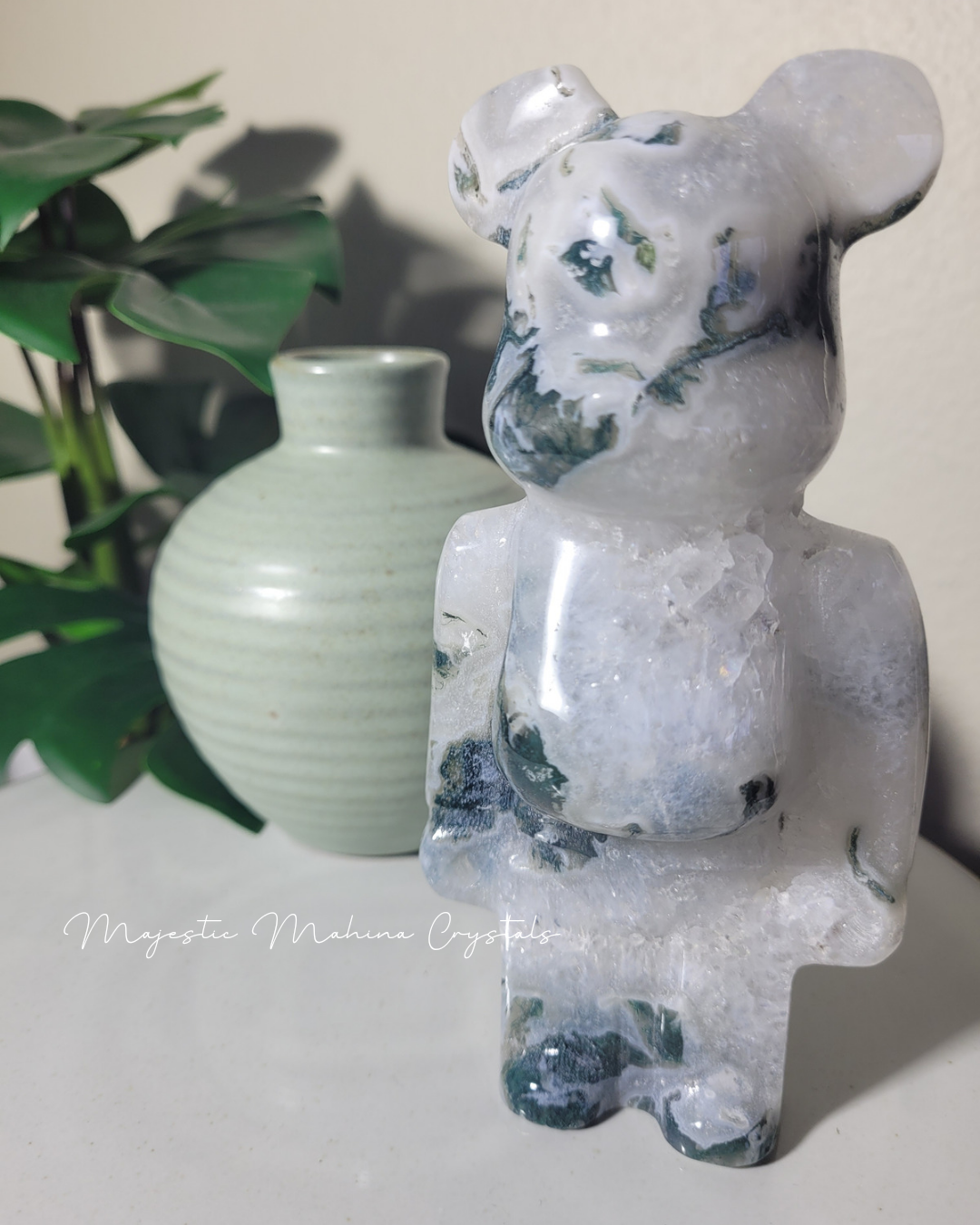 Moss Agate Teddy Bear Carving