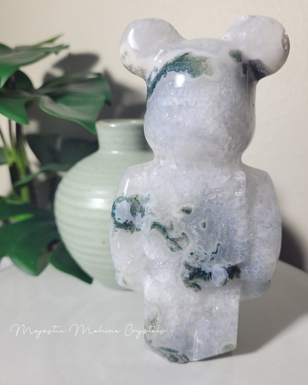 Moss Agate Teddy Bear Carving