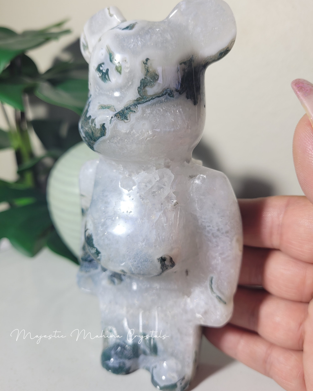 Moss Agate Teddy Bear Carving