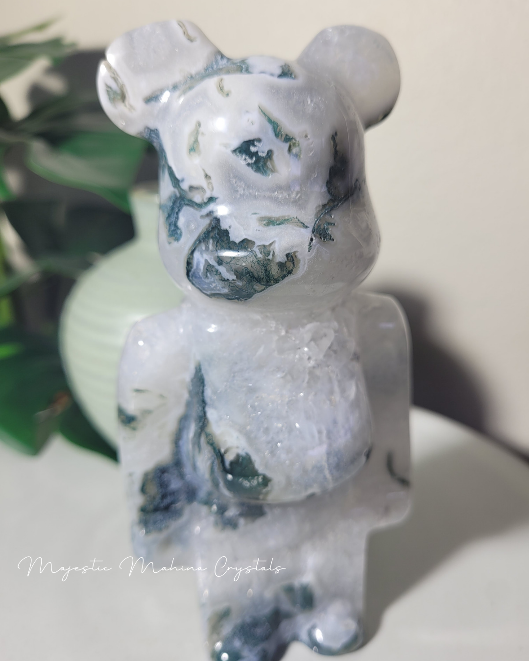 Moss Agate Teddy Bear Carving