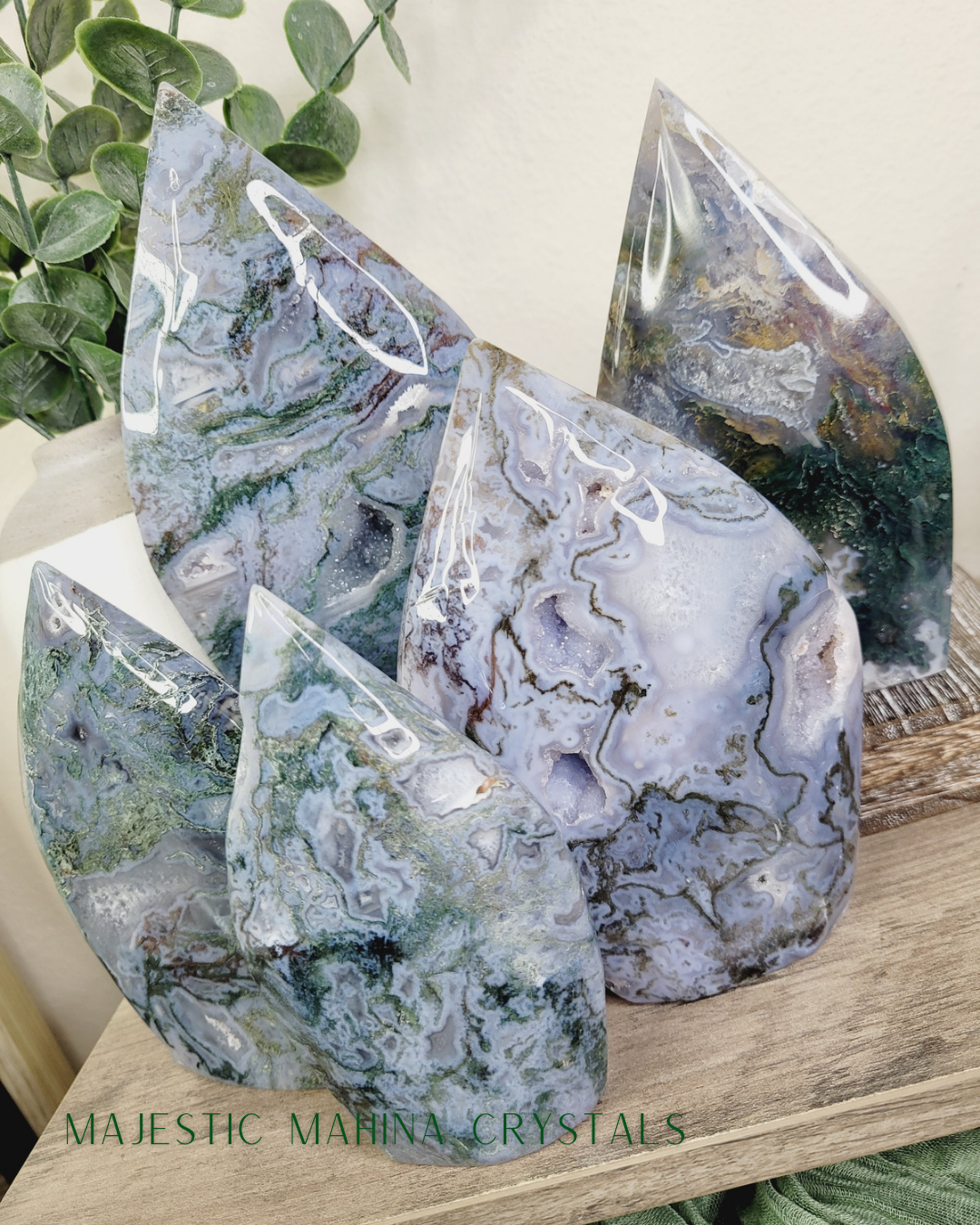 Moss Agate (Blue) Druzy Flames