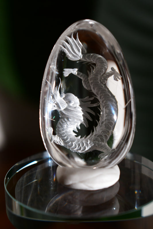“Dragon” High-Quality Lodalite Quartz Etched Carvings with Rutile