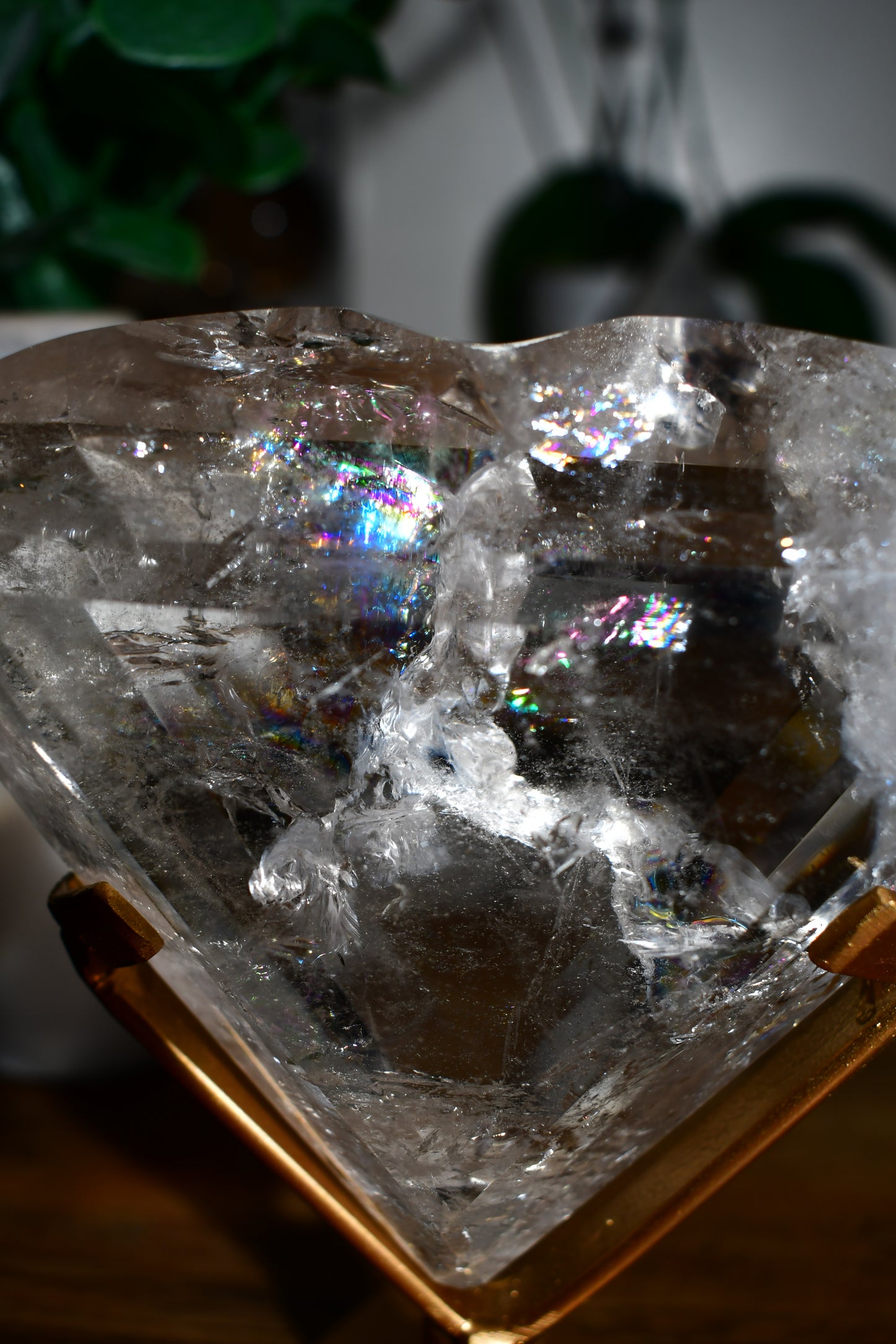 Lemurian Heart Carving with Rainbows on Spinning Stand