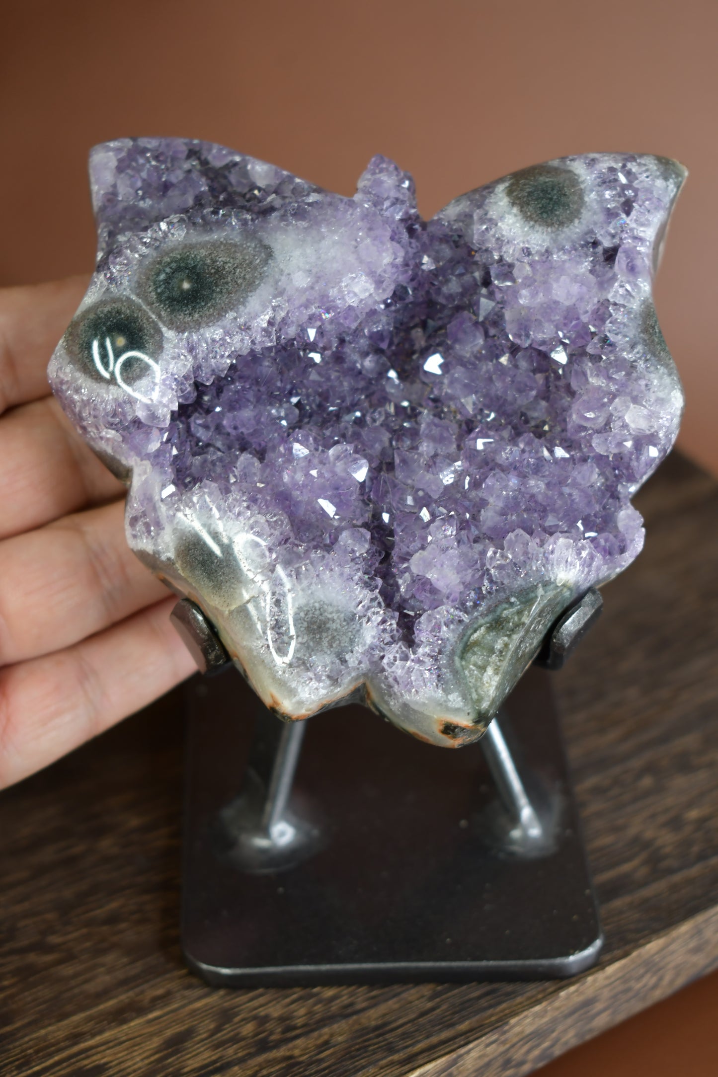 Druzy Amethyst and Stalactite Butterfly Carving on Metal Stand/ High Quality Crystals/ Healing Crystals/ Crystals on Stands/ Brazilian Crystals