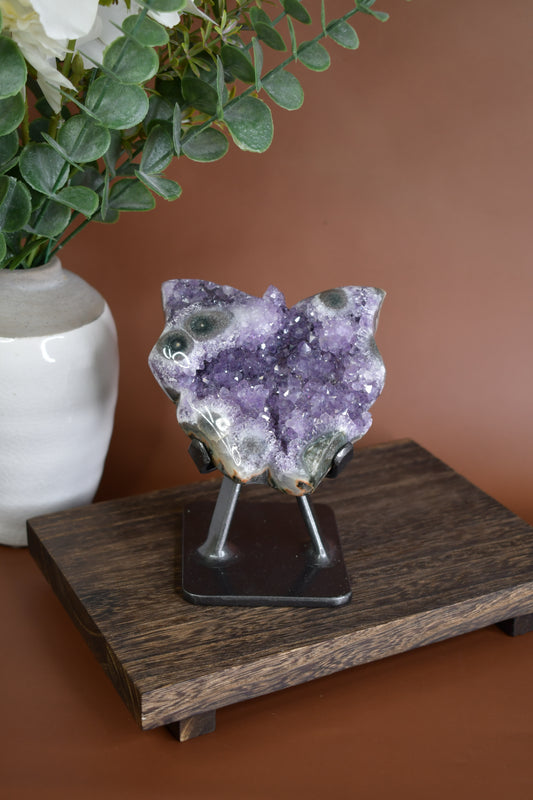 Druzy Amethyst and Stalactite Butterfly Carving on Metal Stand/ High Quality Crystals/ Healing Crystals/ Crystals on Stands/ Brazilian Crystals