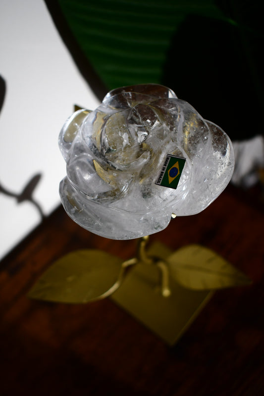 Hand Carved Clear Quartz Rose on a Custom Leaf Stand #2