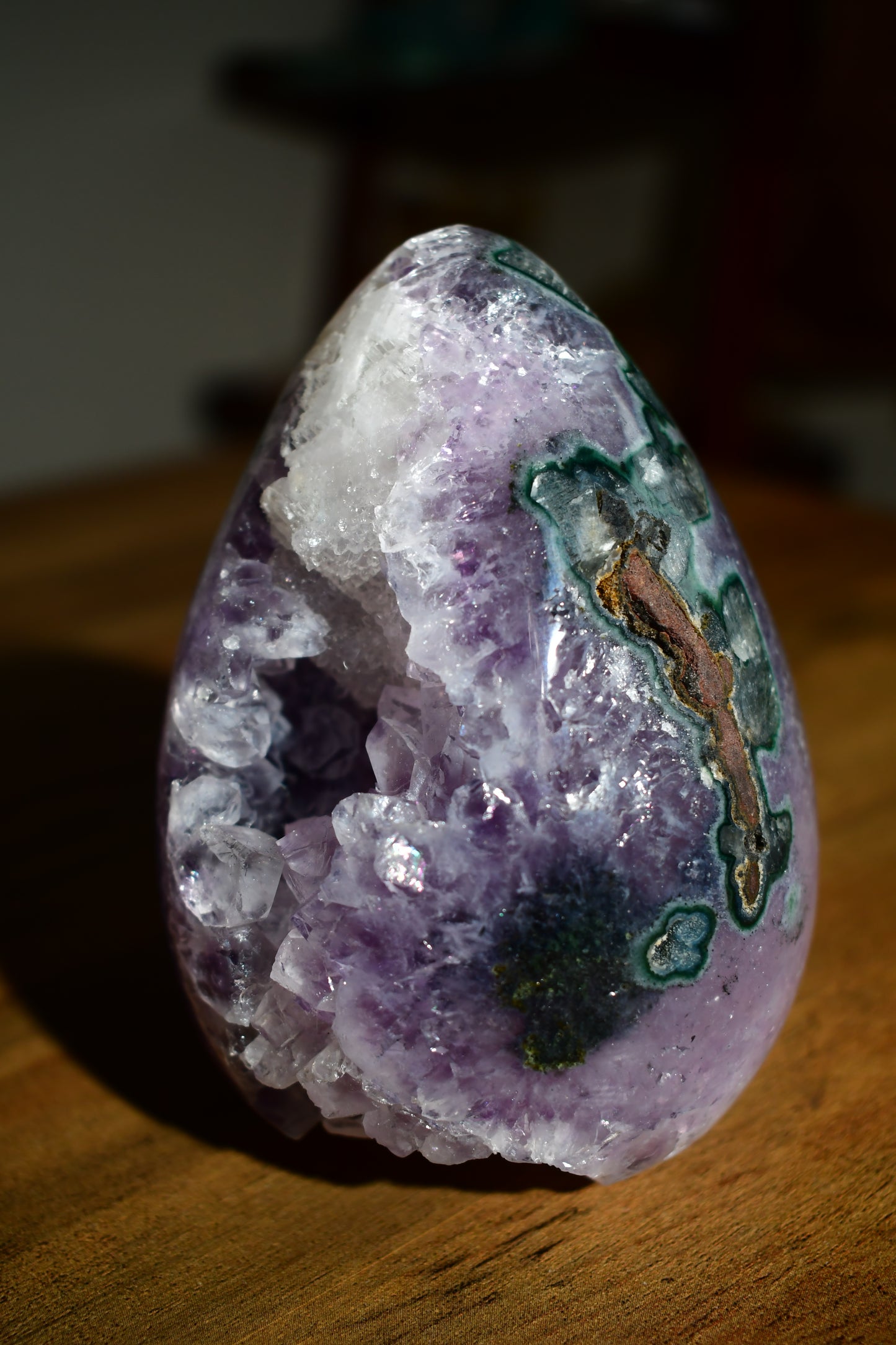 Druzy Amethyst Egg Carving on Wood Stand/ High Quality Crystals/ Healing Crystals/ Crystals on Stands/ Brazilian Crystals/ Home Decor/ Gifts