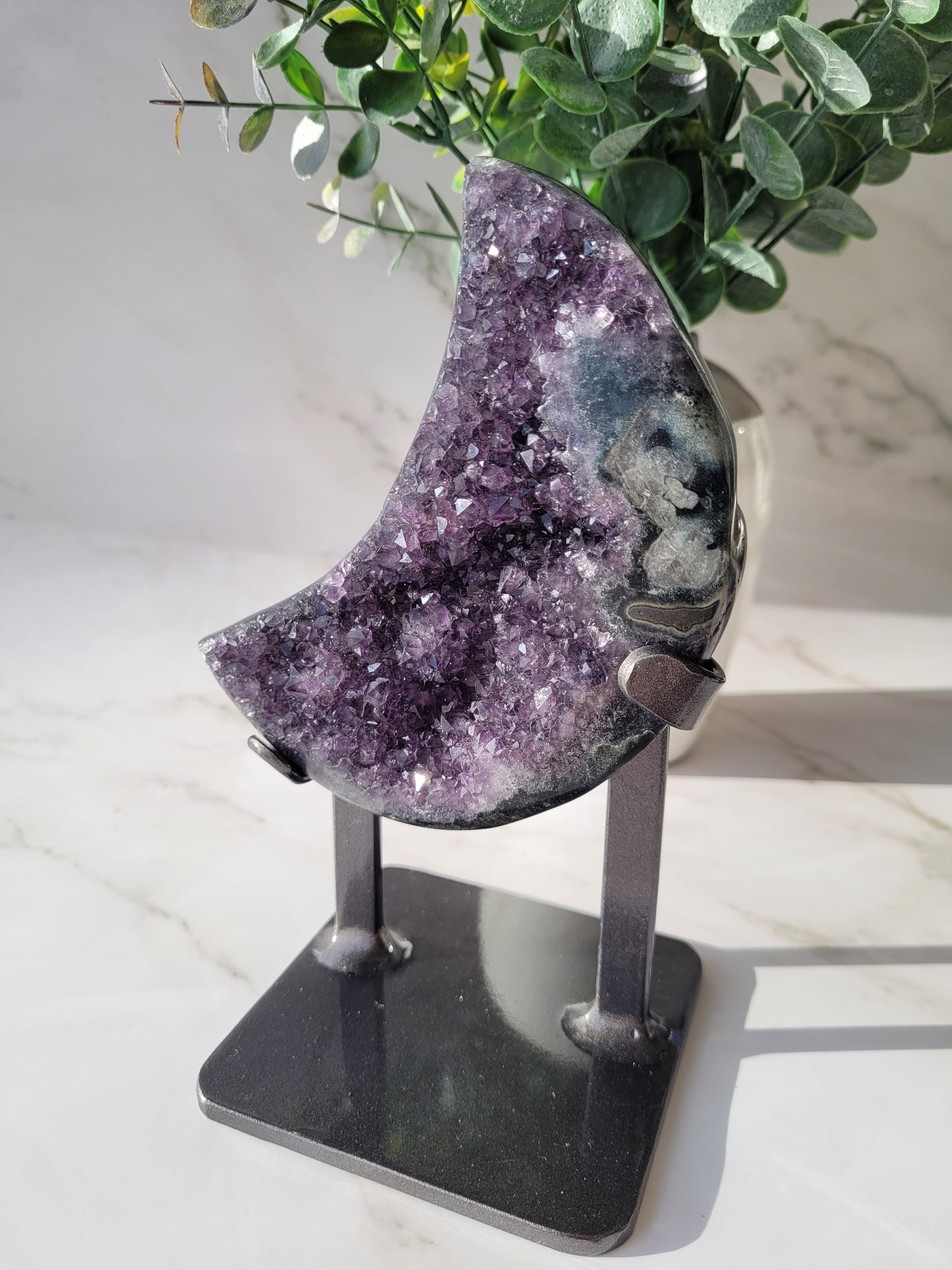 Druzy Agate Amethyst Moon Carving on Metal Stand/ High Quality Crystals/ Healing Crystals/ Crystals on Stands/ Calming Crystals/ Pyrite