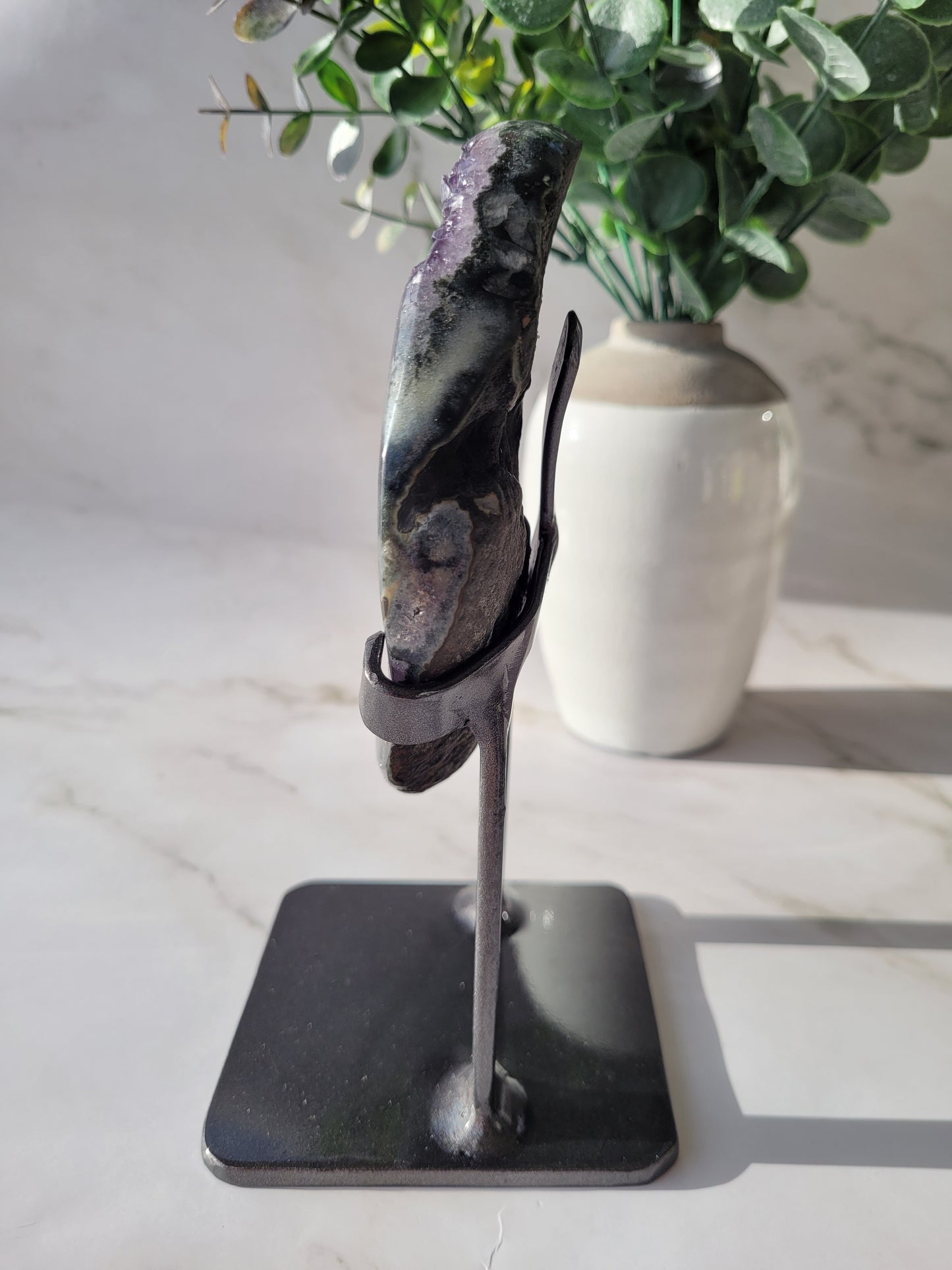 Druzy Agate Amethyst Moon Carving on Metal Stand/ High Quality Crystals/ Healing Crystals/ Crystals on Stands/ Calming Crystals/ Pyrite