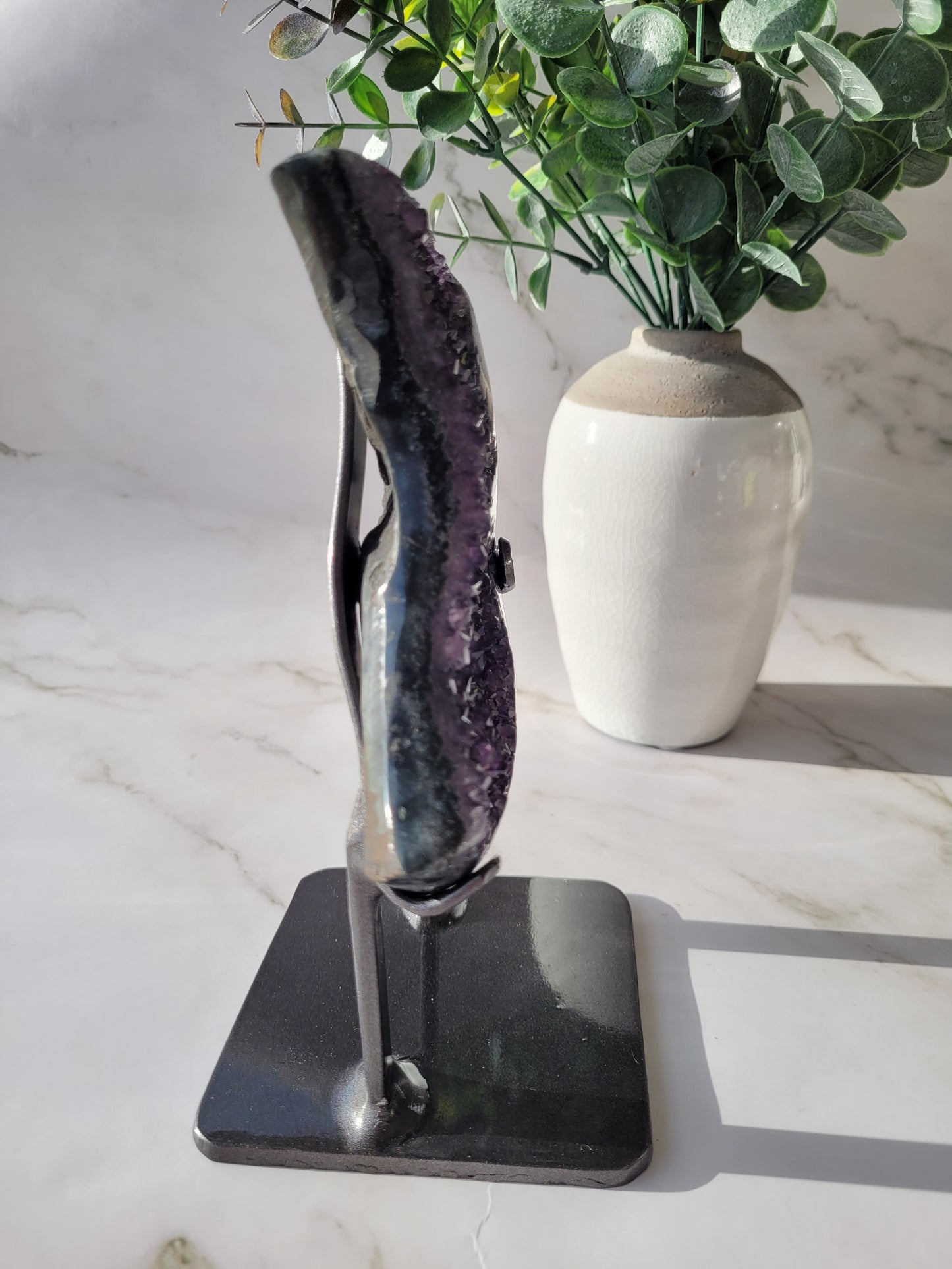 Druzy Agate Amethyst Moon Carving on Metal Stand/ High Quality Crystals/ Healing Crystals/ Crystals on Stands/ Calming Crystals/ Pyrite