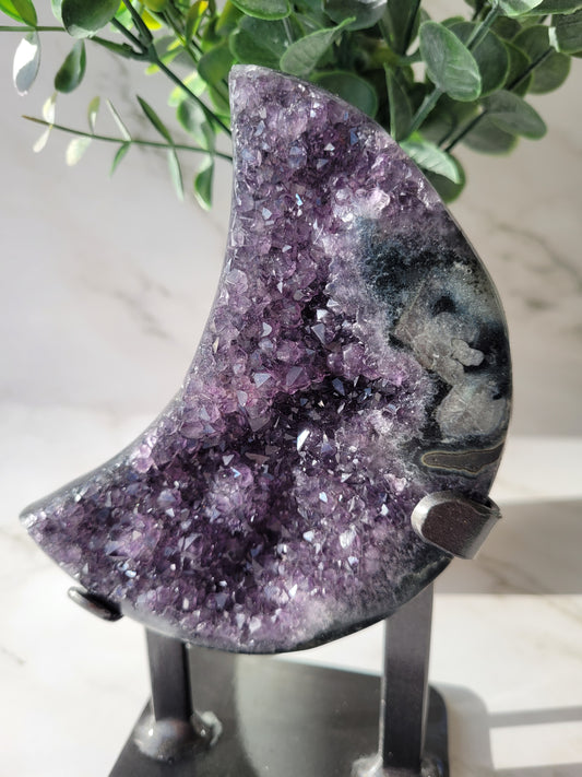 Druzy Agate Amethyst Moon Carving on Metal Stand/ High Quality Crystals/ Healing Crystals/ Crystals on Stands/ Calming Crystals/ Pyrite