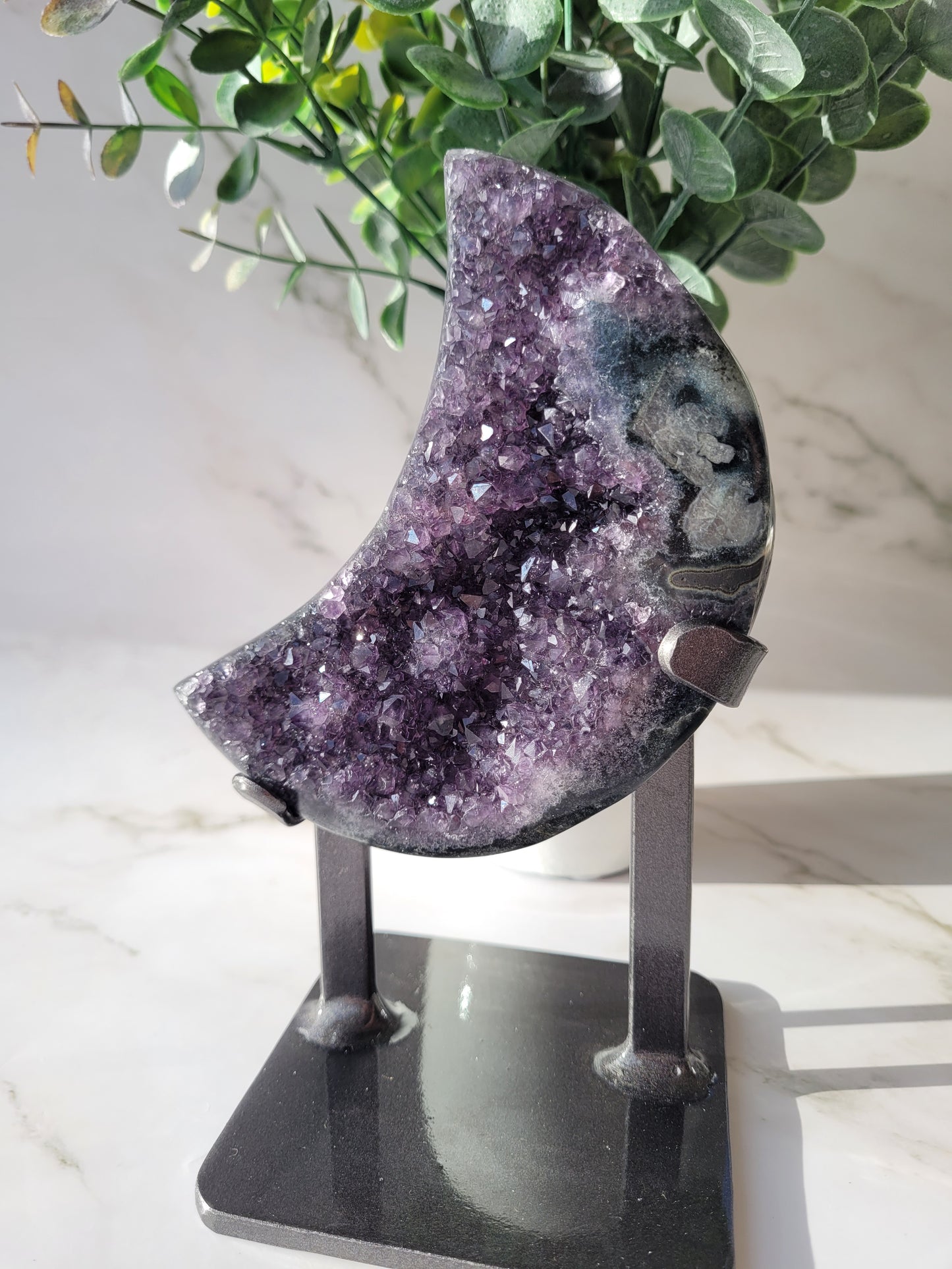 Druzy Agate Amethyst Moon Carving on Metal Stand/ High Quality Crystals/ Healing Crystals/ Crystals on Stands/ Calming Crystals/ Pyrite