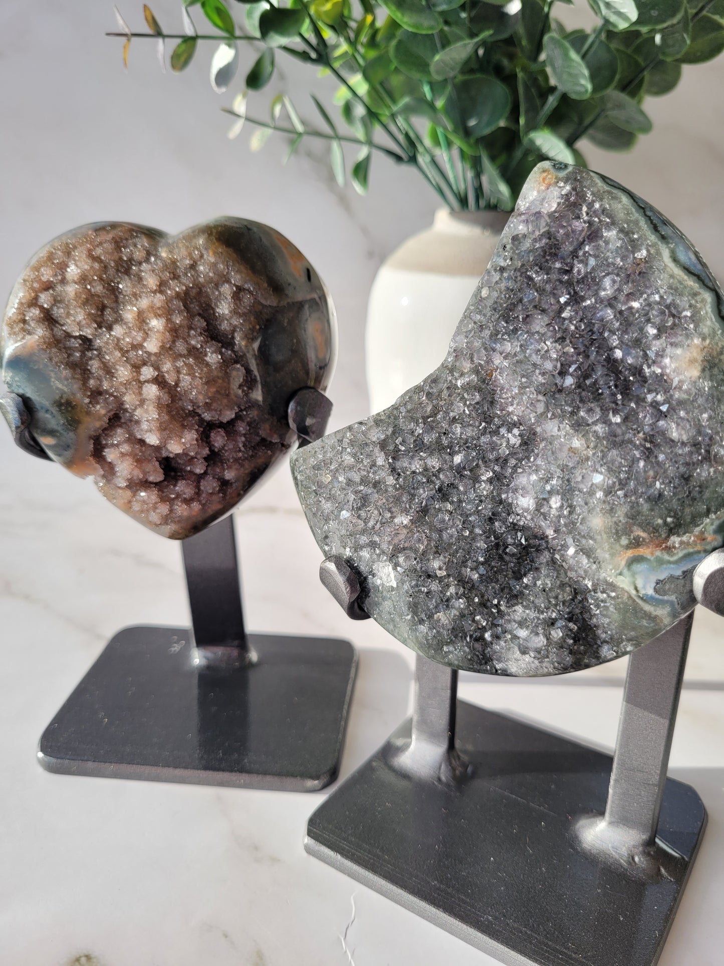 Druzy Agate Amethyst Moon Carving on Metal Stand/ High Quality Crystals/ Healing Crystals/ Crystals on Stands/ Calming Crystals/ Gray