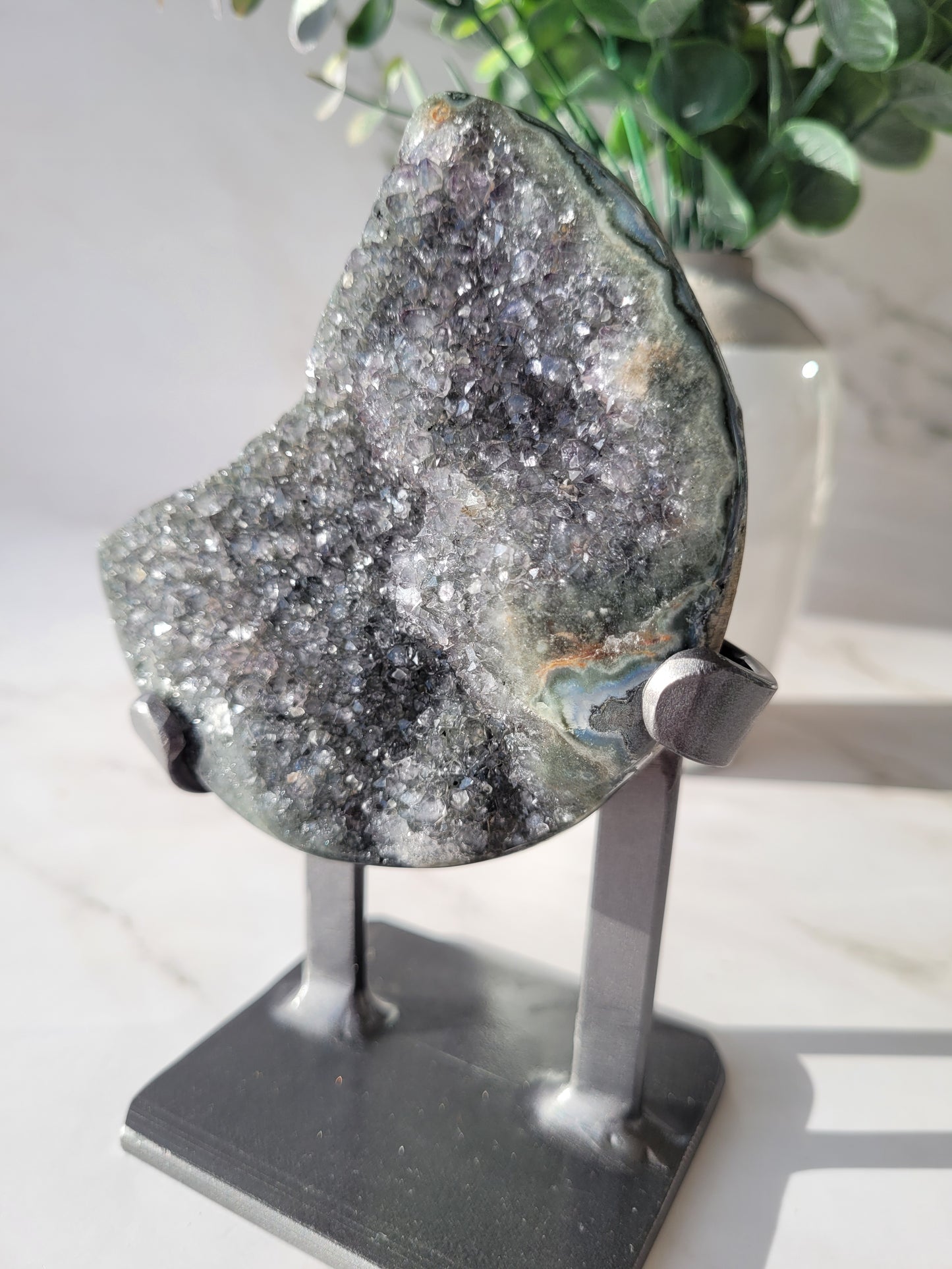 Druzy Agate Amethyst Moon Carving on Metal Stand/ High Quality Crystals/ Healing Crystals/ Crystals on Stands/ Calming Crystals/ Gray