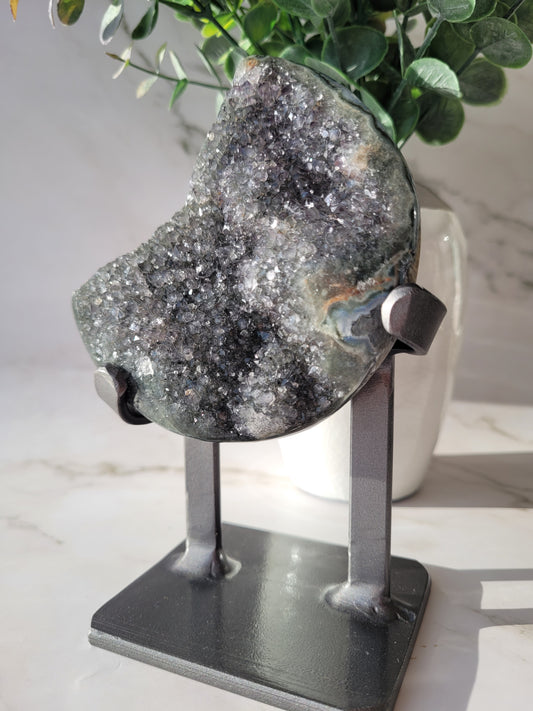 Druzy Agate Amethyst Moon Carving on Metal Stand/ High Quality Crystals/ Healing Crystals/ Crystals on Stands/ Calming Crystals/ Gray