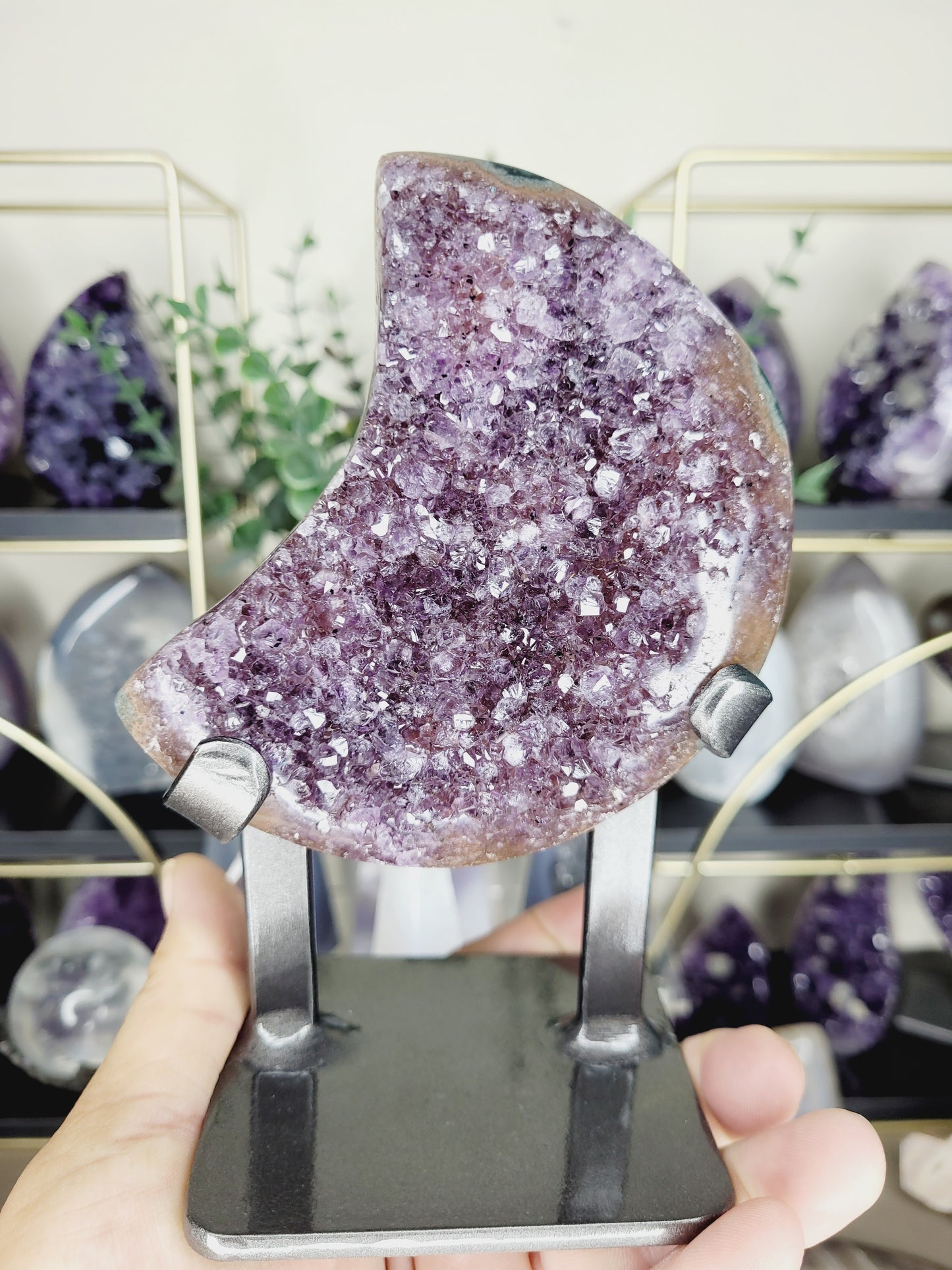 Druzy Agate Amethyst Moon Carving on Metal Stand/ High Quality Crystals/ Healing Crystals/ Crystals on Stands/ Calming Crystals