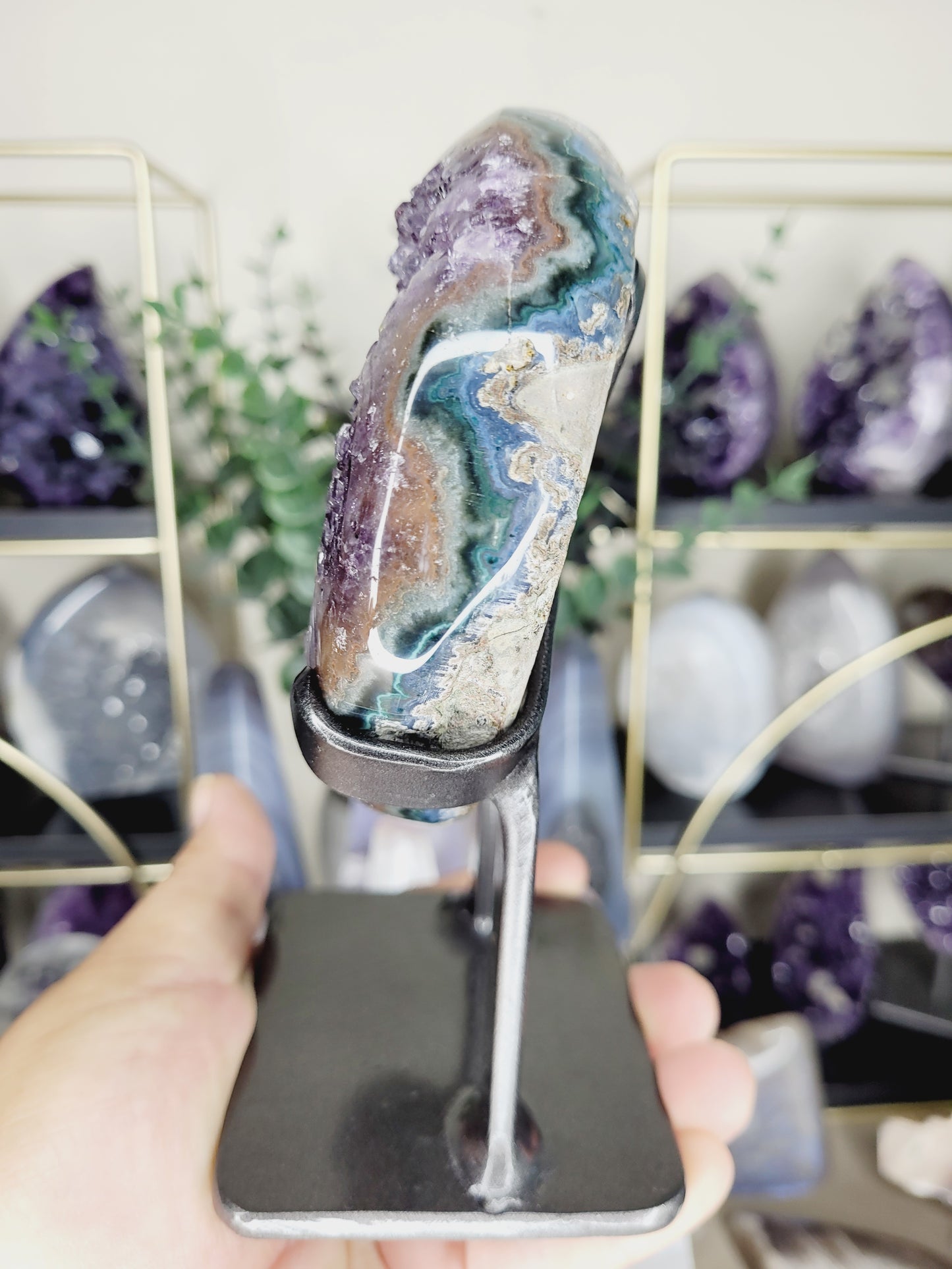 Druzy Agate Amethyst Moon Carving on Metal Stand/ High Quality Crystals/ Healing Crystals/ Crystals on Stands/ Calming Crystals