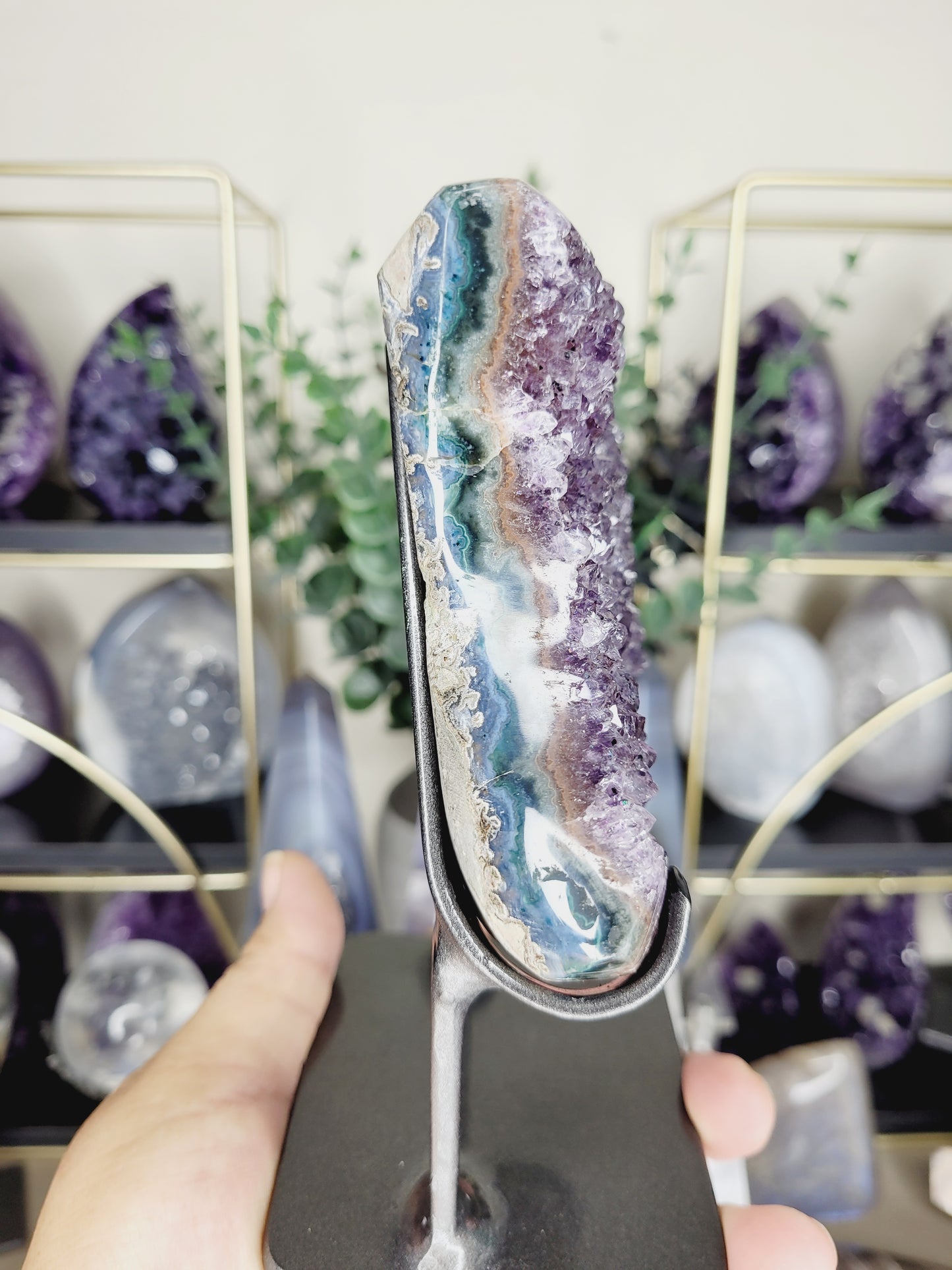 Druzy Agate Amethyst Moon Carving on Metal Stand/ High Quality Crystals/ Healing Crystals/ Crystals on Stands/ Calming Crystals